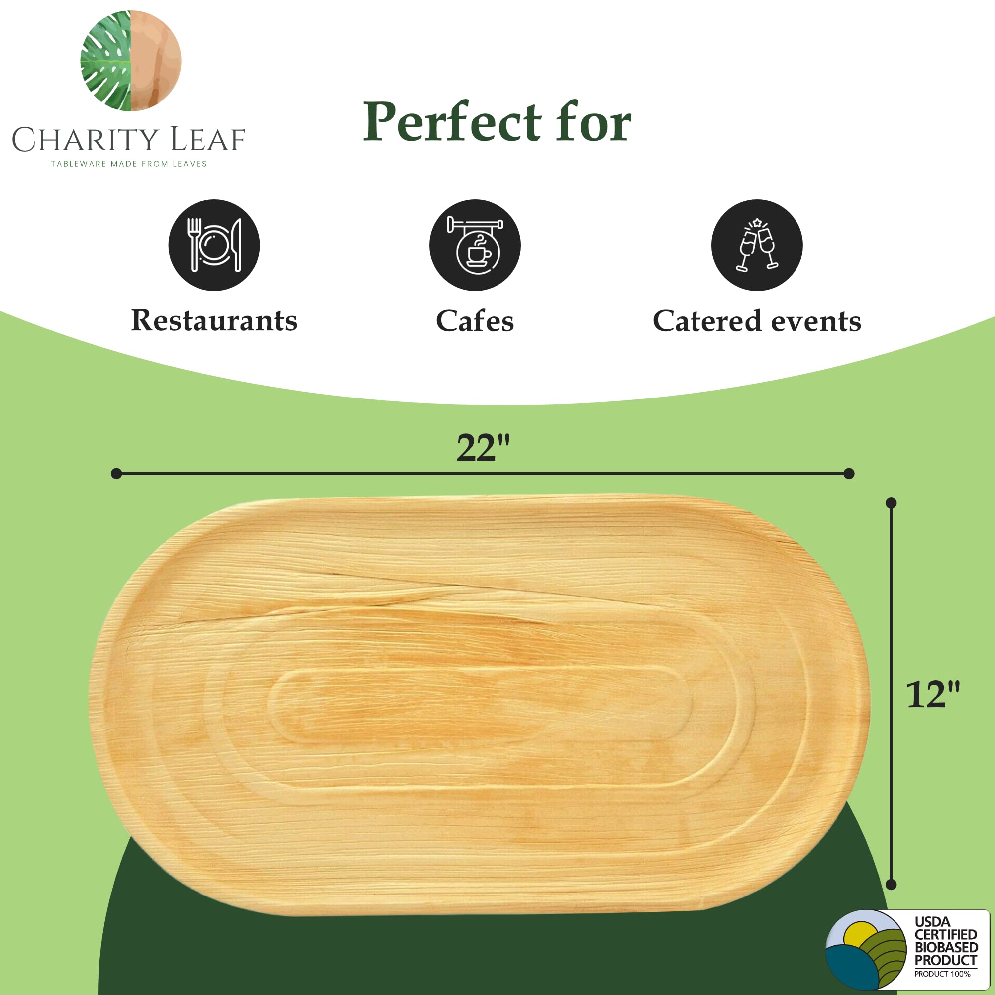 Charity Leaf 10-Pack 22''X12'' Palm Leaf Trays | Eco-Friendly, Compostable Platters For Weddings, Charcuterie Boards & Events