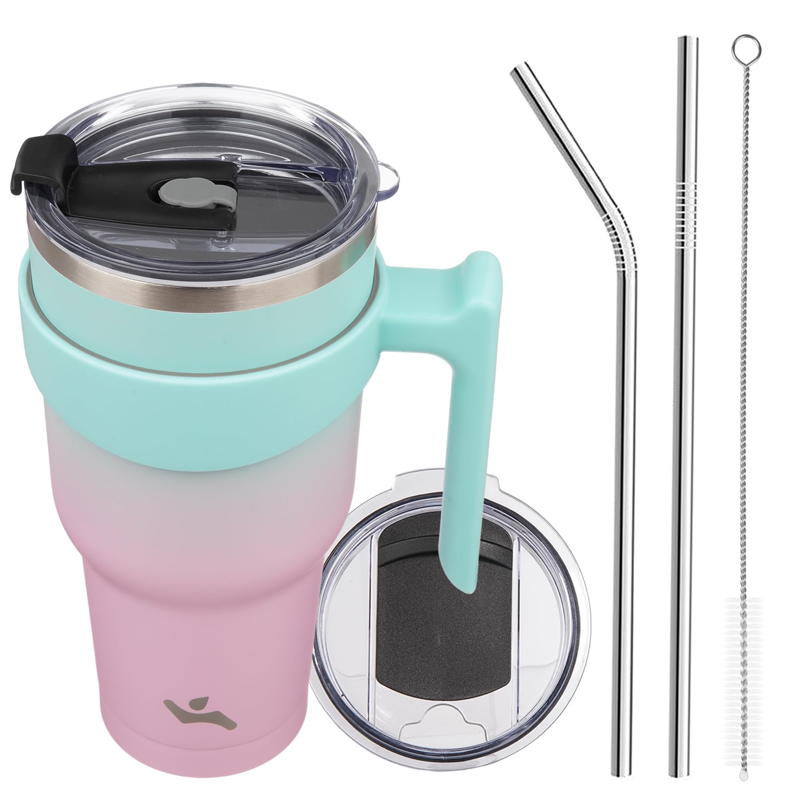 Konokyo 40 oz Tumbler with Handle and 2 Straw 2 Lid, Insulated Water Bottle Stainless Steel Vacuum Cup Reusable Travel Mug,Gum