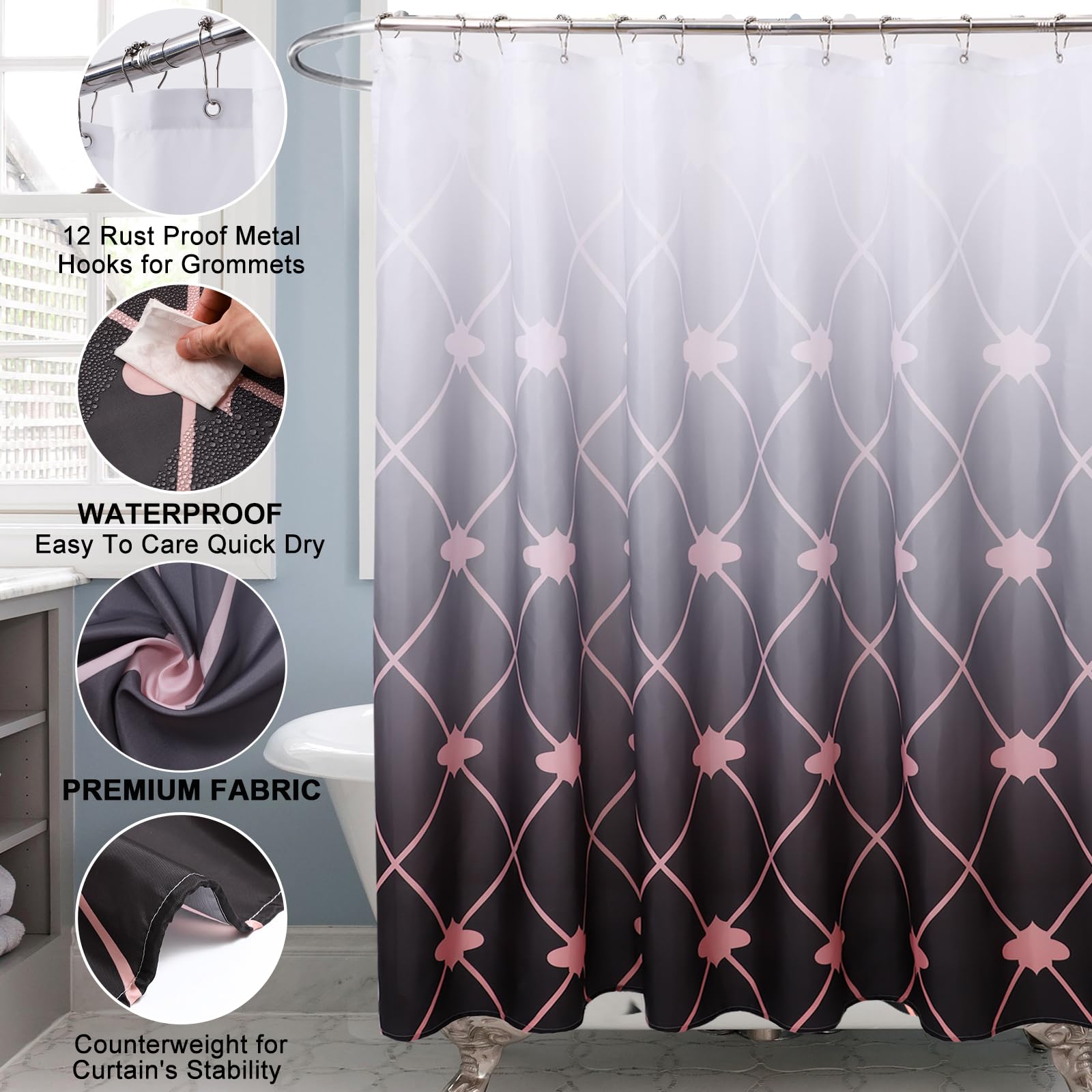 25Pc Black Bathroom Set With Shower Curtain And Rugs, Complete Bath Accessories - Trash Can, Soap Dispenser, Soap Dish, Toilet B