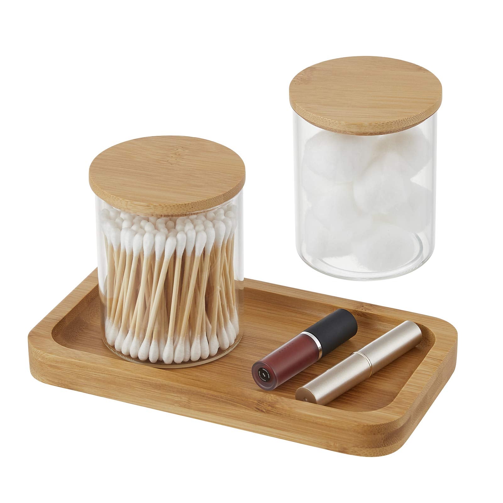 Iniunik Qtip Holder With Bathroom Vanity Tray, Glass Apothecary Jars With Lids For Bathroom, Cotton Ball Swab Pad Rounds Holder