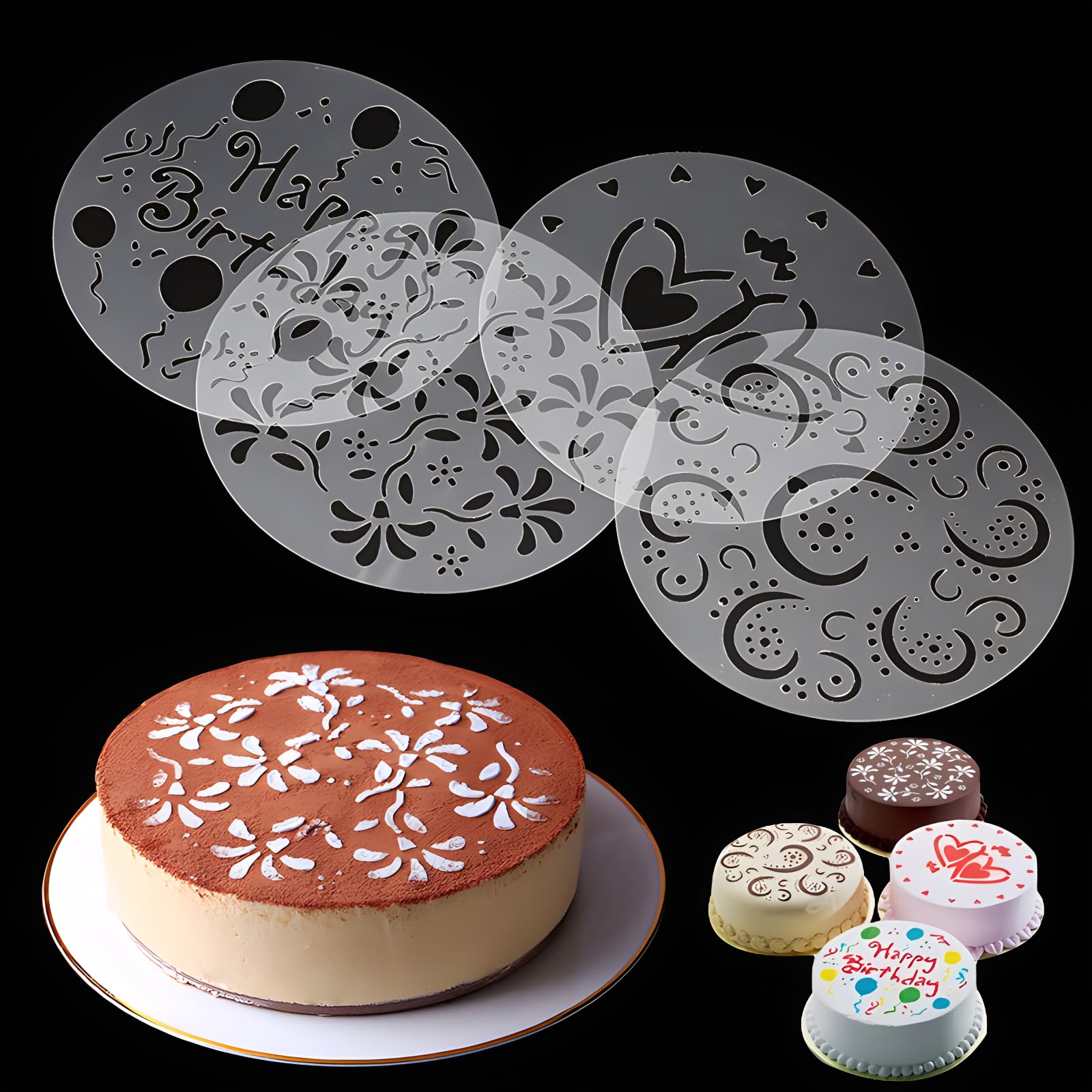 Yofan 4-Piece Variety Cake Stencil Template,Birthday Heart Flower Spirals Decorating Mold Tool