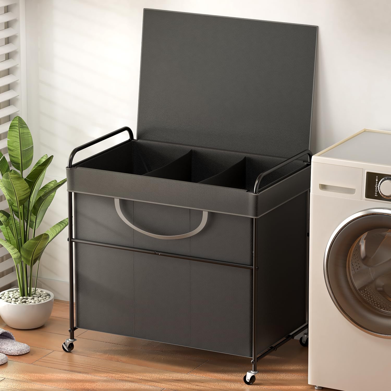Ykdirect 180L Large Laundry Hamper, 3-Section Laundry Basket With Lid, Removable Bag & Metal Structure With Industrial Wheels, S