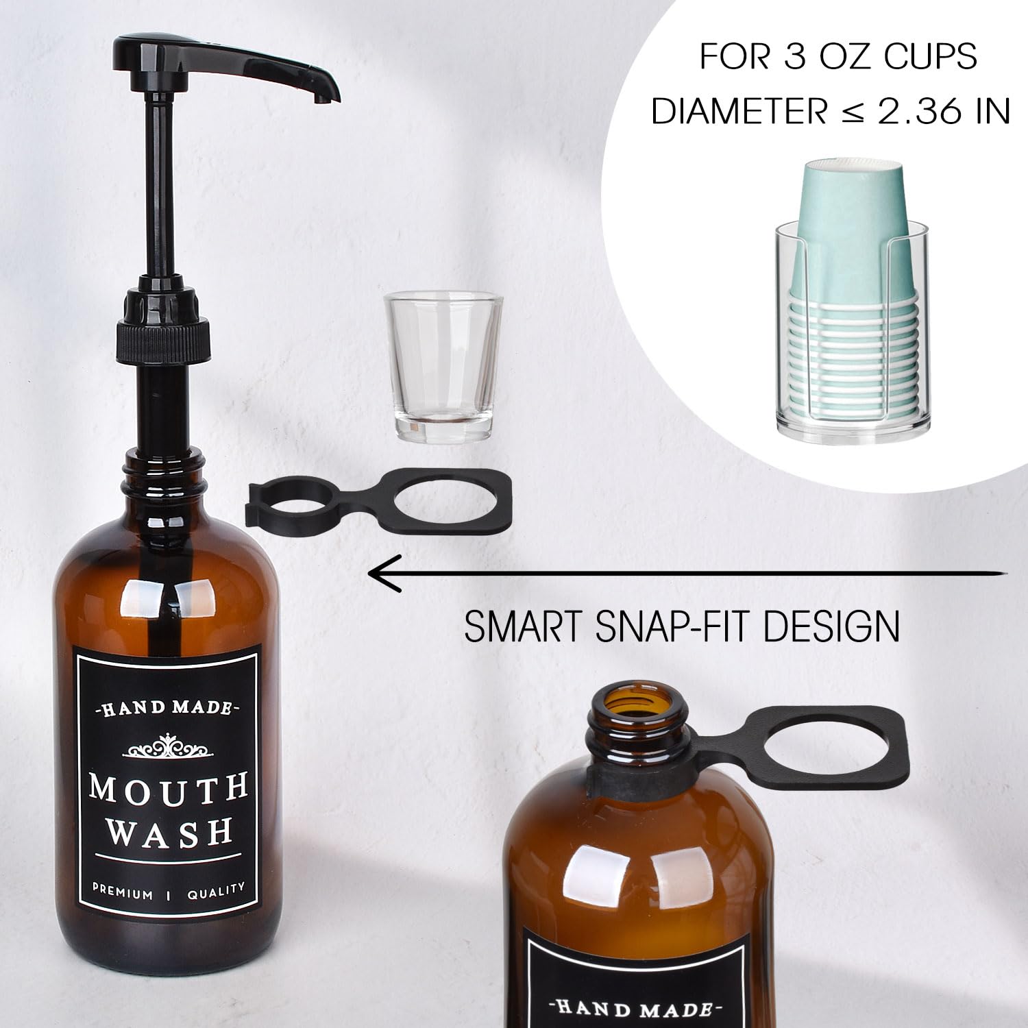 Amber Glass Mouthwash Dispenser For Bathroom With Reusable Cup Holder And Pump, Glass Cup And Clear Plastic Paper Cup Dispenser