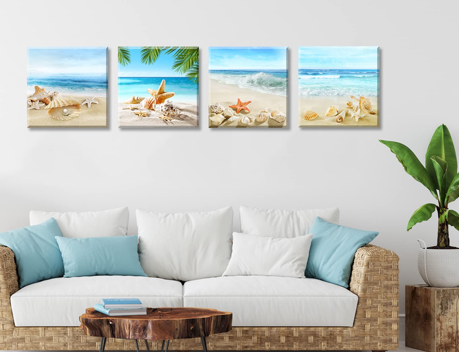 JiazuGo Beach Wall Art Bathroom Paintings Decor Seashell Starfish Nature Canvas Pictures Blue Ocean Theme Decorations Posters Contemporary Nautical for Bedroom