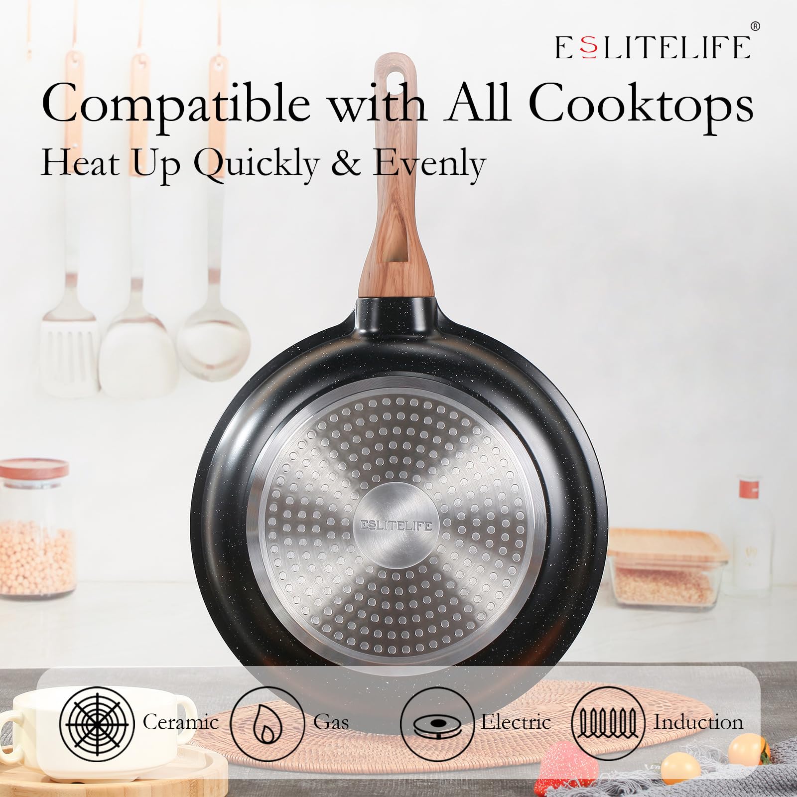 ESLITE LIFE Nonstick Ceramic Frying Pan Skillet with Lid, 8" Black, PTFE & PFOA Free, Compatible with All Stovetops (Model: ES-FP