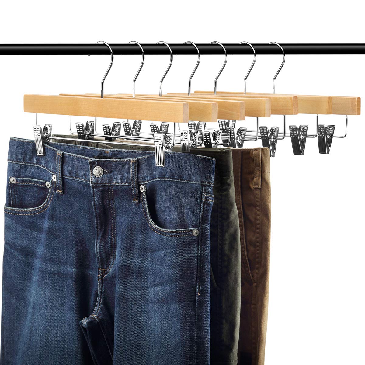 AMKUFO 20pcs Wooden Pants Hangers Solid Pants Hangers with Adjustable Clips 14 Inch Natural Wood Skirt Hangers Trousers Bottom Hangers with Non-Slip Clips and 360? Swivel Hook