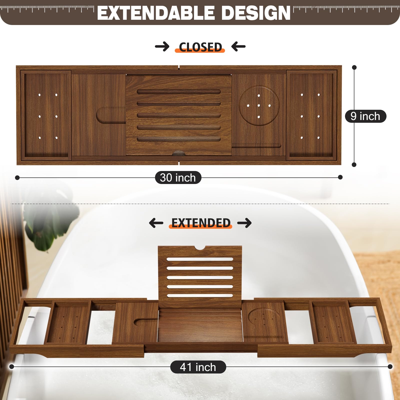 Kiasthome Teak Bathtub Tray, Bath Tray For Tub Bathroom Table Tray Expandable Wood Tub Tray For Bathtub, As Unique Housewarming,