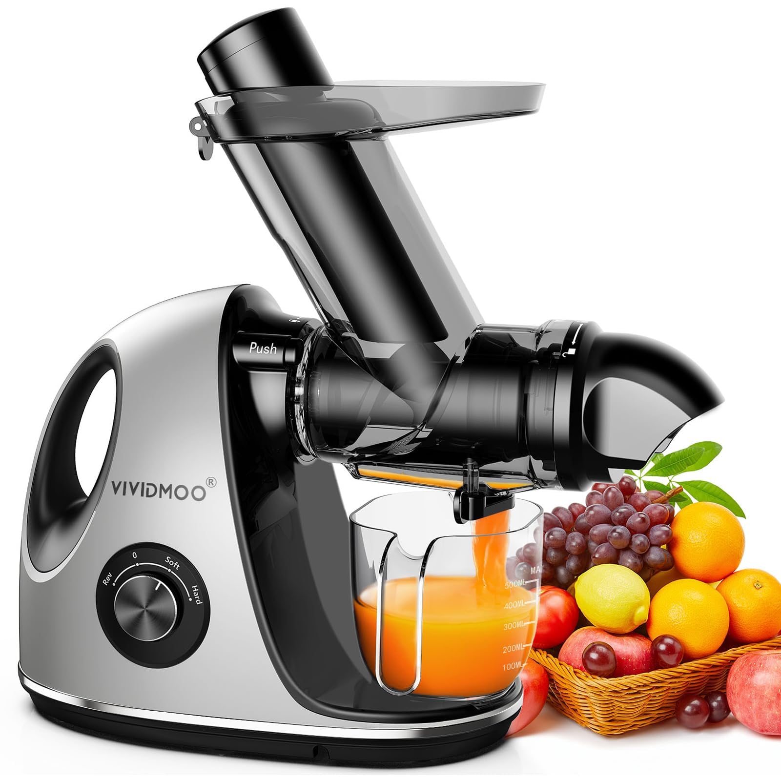 Juicer Machines, Vividmoo Masticating Juicer Machines With 3Inch Wide Chute, 2Speed Modes & Reverse Function, Powerful Fruit C
