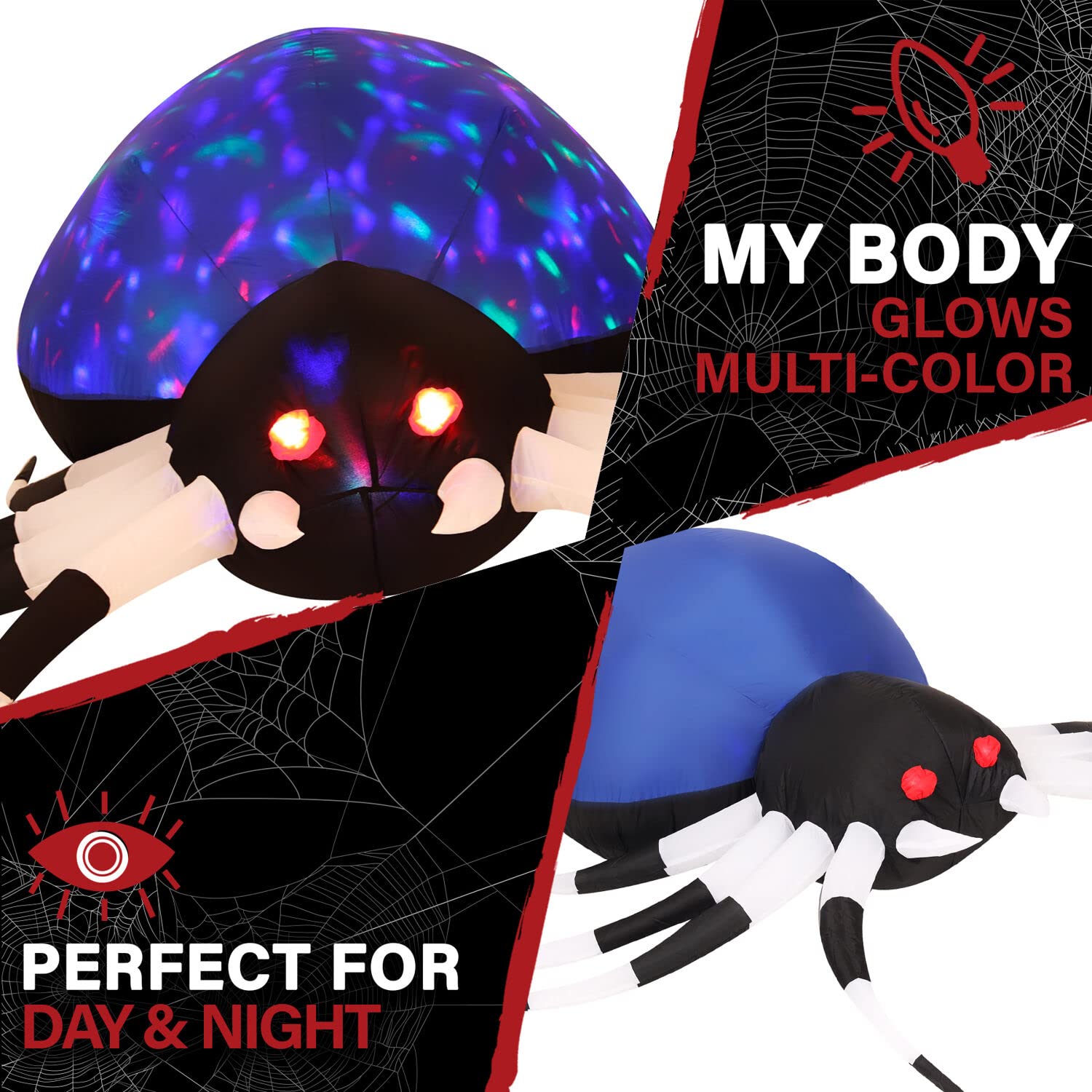 Haunted Hill Farm 6-ft. Wide Spider Blow Up with Disco Lights, Halloween Outdoor Decorations for Patio and Yard, Giant Spooky In