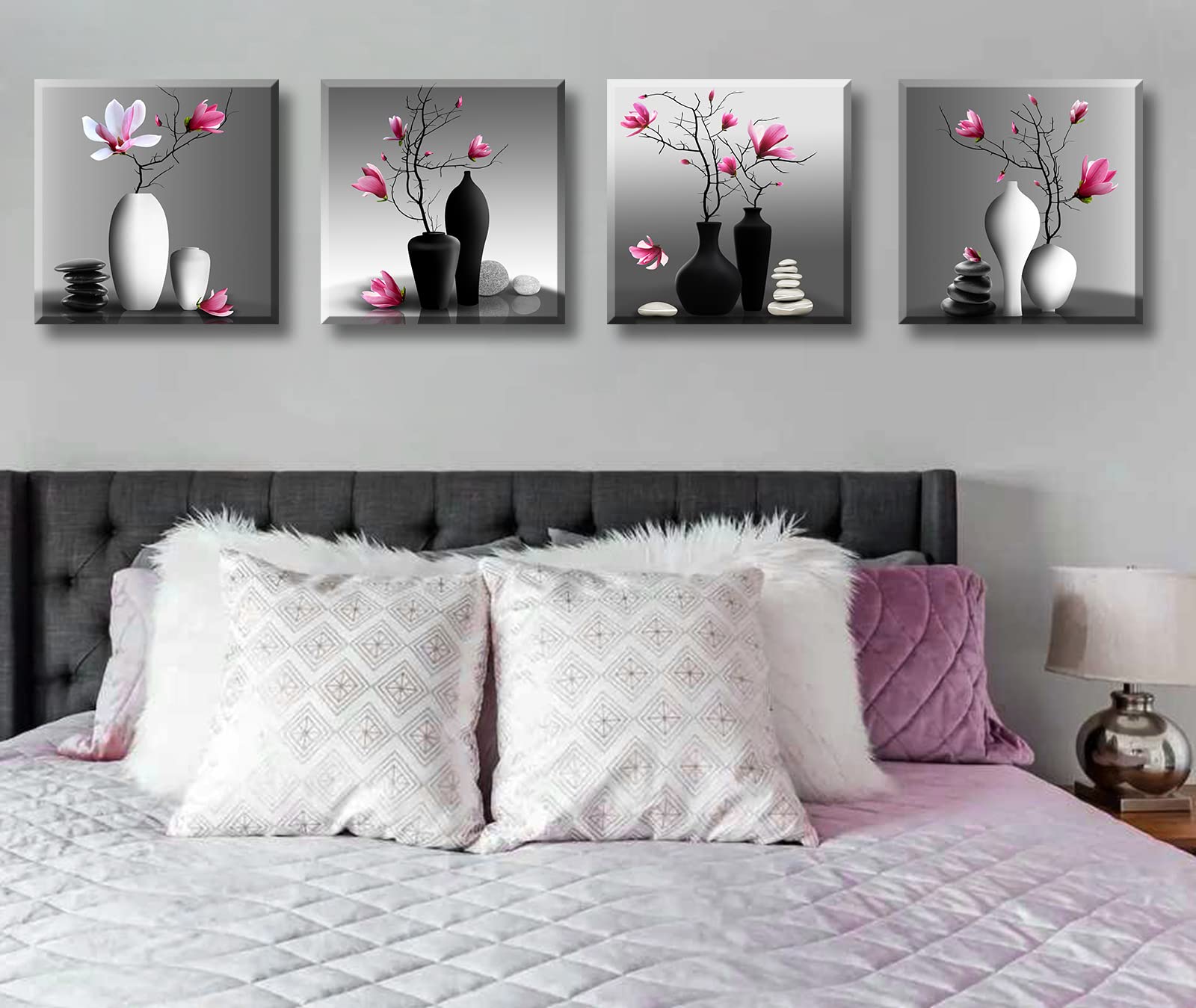 DJSYLIFE Zen Flowers Canvas Wall Art - Black & White Bathroom Decor, 12"x12", CK-ZenFL-01-1