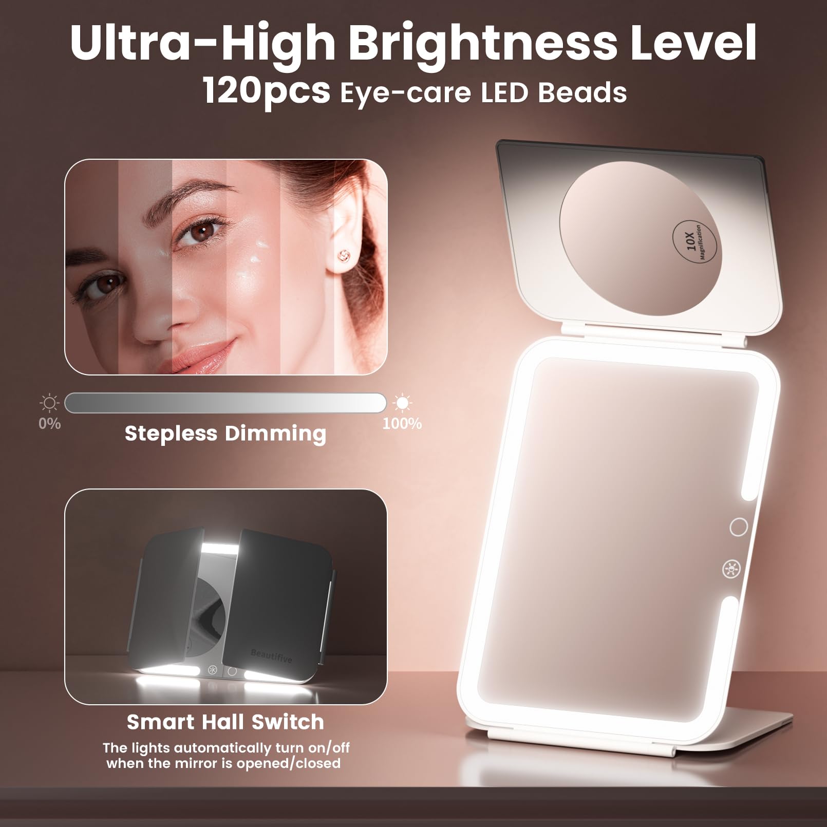 Beautifive Trifold Travel Lighted Makeup Mirror, 5000Mah Rechargeable Light Up Magnifying Mirrors 1X/3X/10X, 3 Color Lighting&St