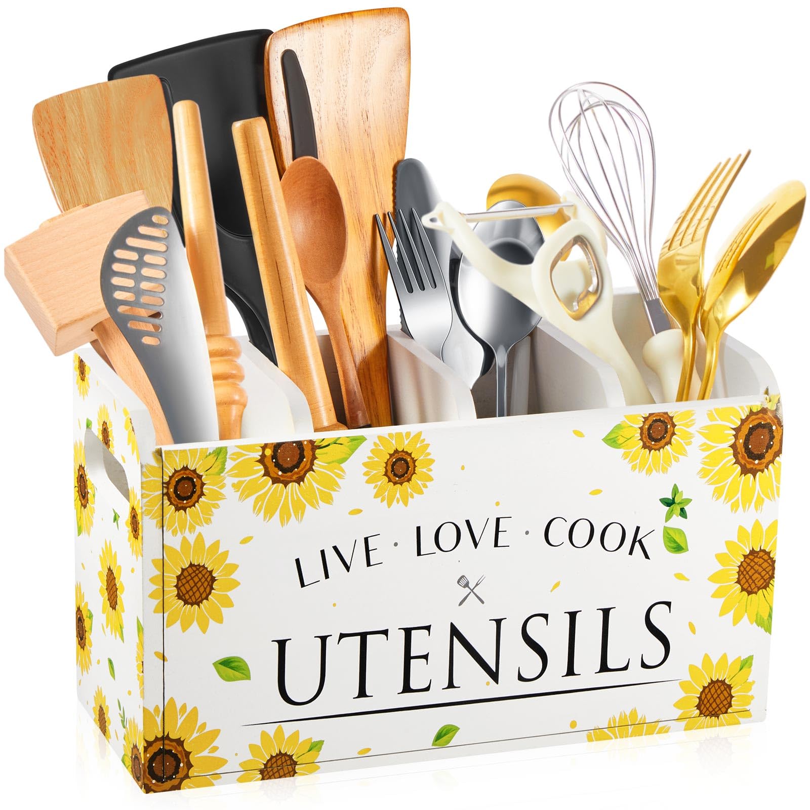 Kathfly Sunflower Kitchen Utensil Holder For Countertop 4 Compartment Large Wooden Rustic Farmhouse Cooking Utensil Organizer Ki