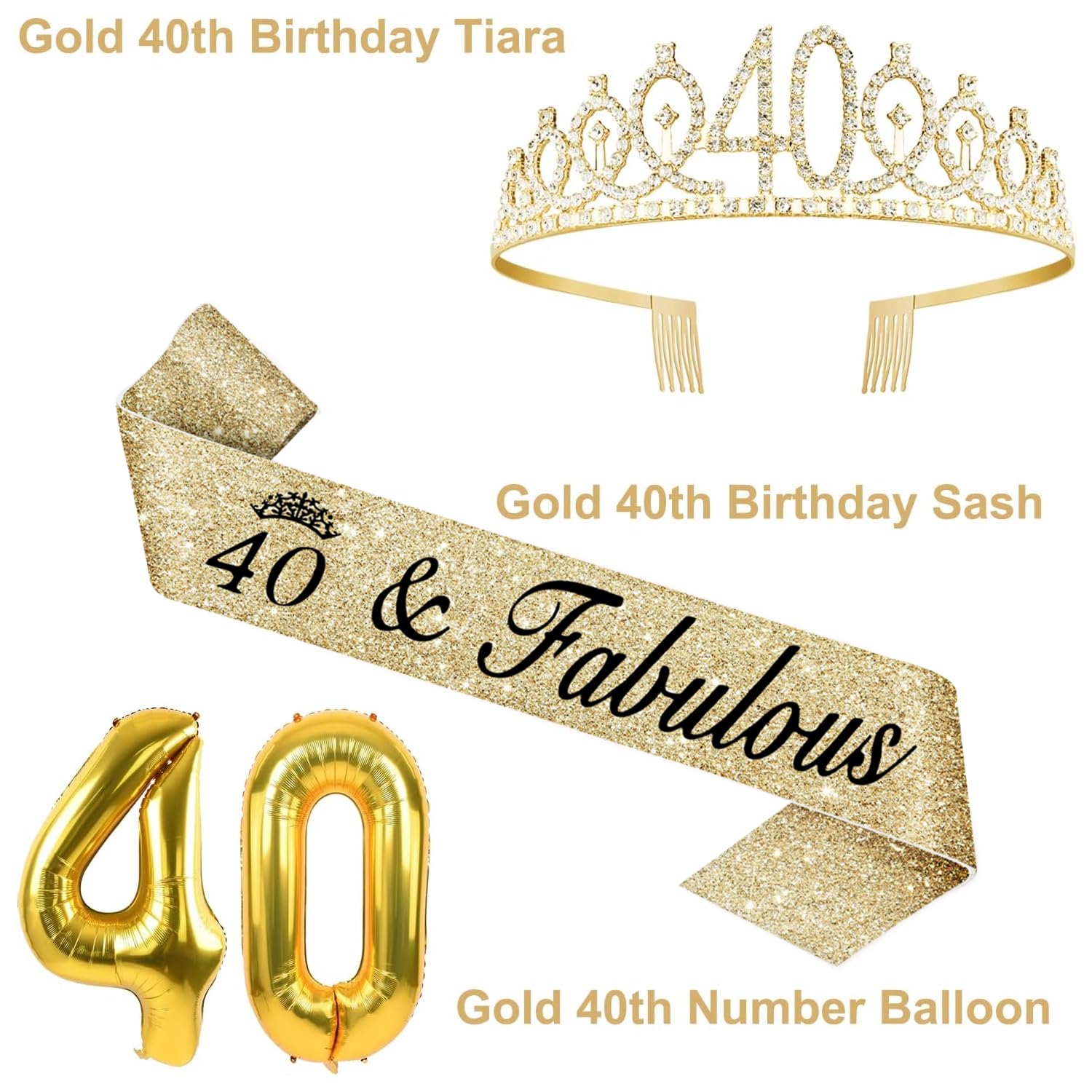 40Th Birthday Decorations Women Gold Include 40Th Birthday Sash And Tiara, Gold 40Th Birthday Cake Topper And Birthday 40 Candle