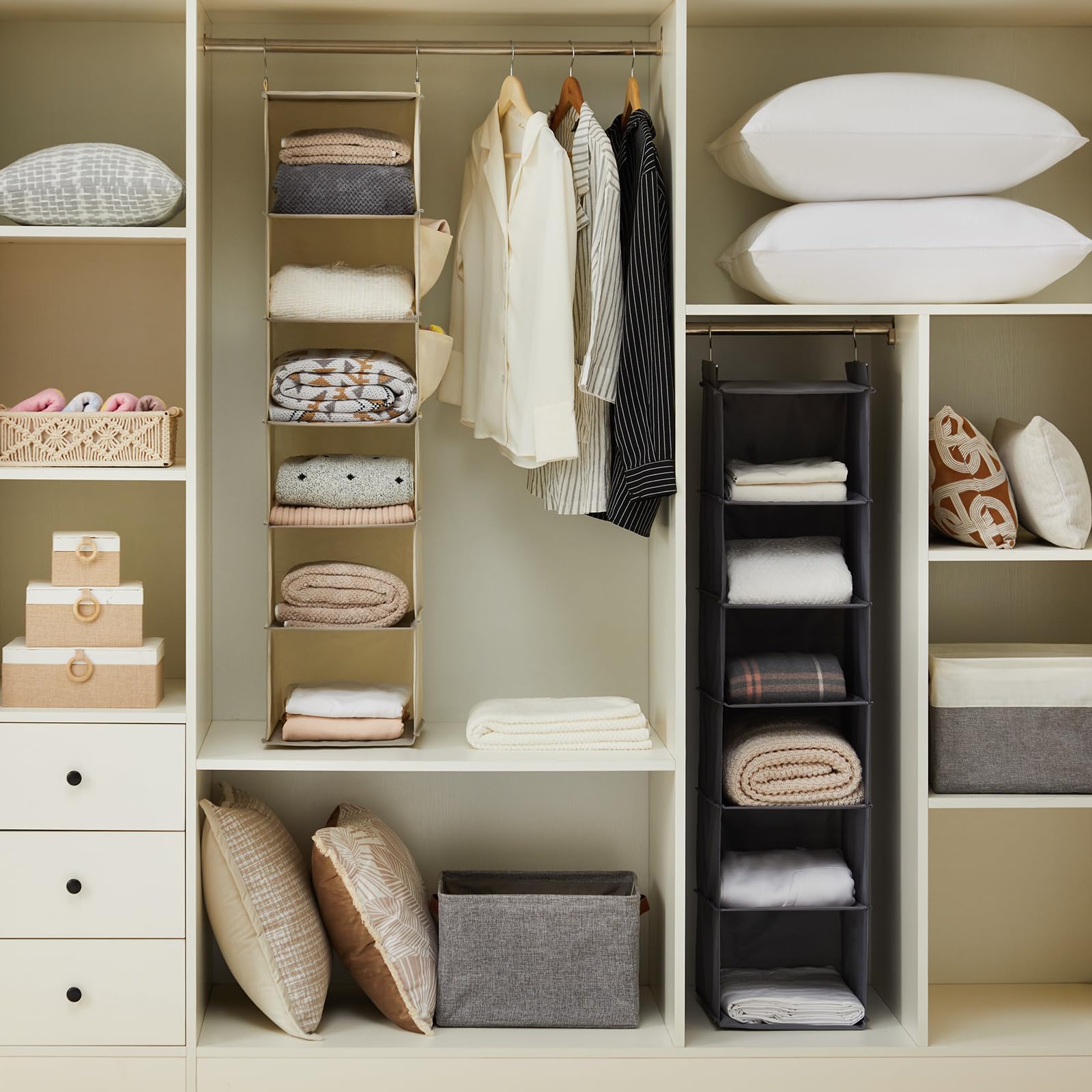 YOUDENOVA Hanging closet Organizer  6-Shelf closet Hanging Storage with Side Pockets  Beige