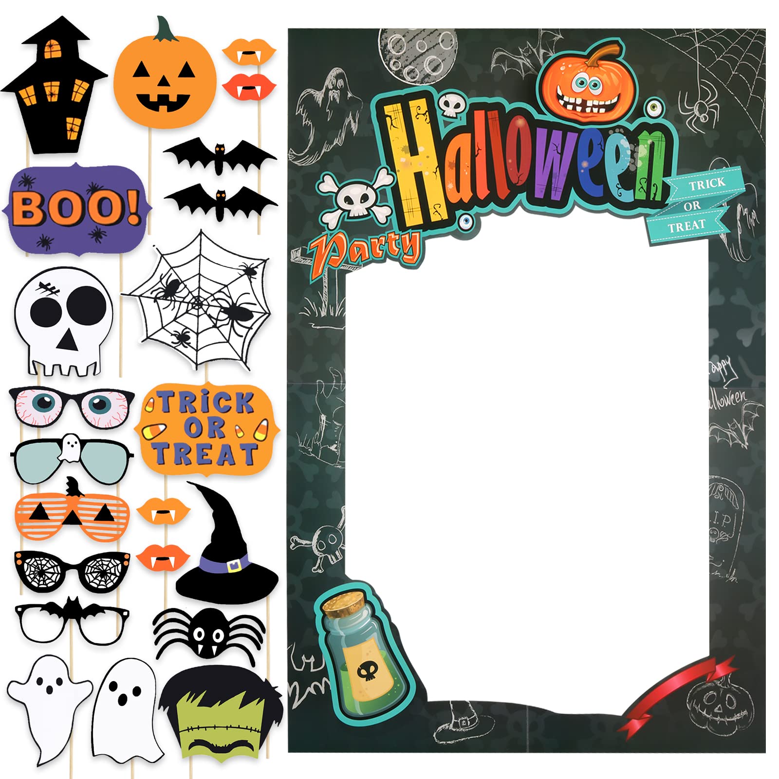 Lucleag Halloween Photo Booth Props Set, 22Pcs Halloween Photo Props & Halloween Selfie Frame For Halloween Party Decoration Hal