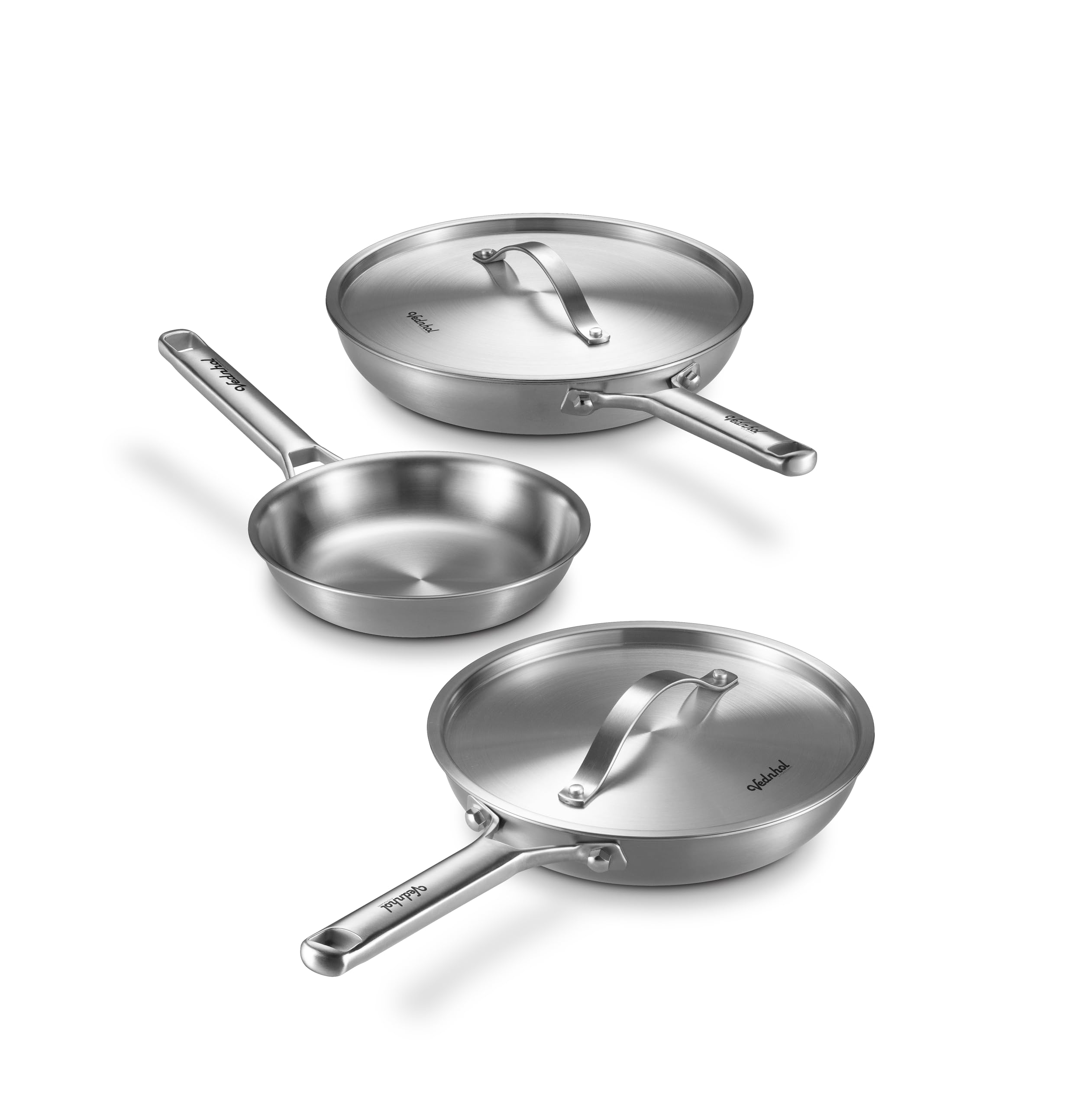 Vednhol Stainless Steel Frying Pan Set 8+10+12 Inch,Tri-Ply Stainless Steel Skillets,Brushed Steel Pans For Cooking,Oven&Dishwas