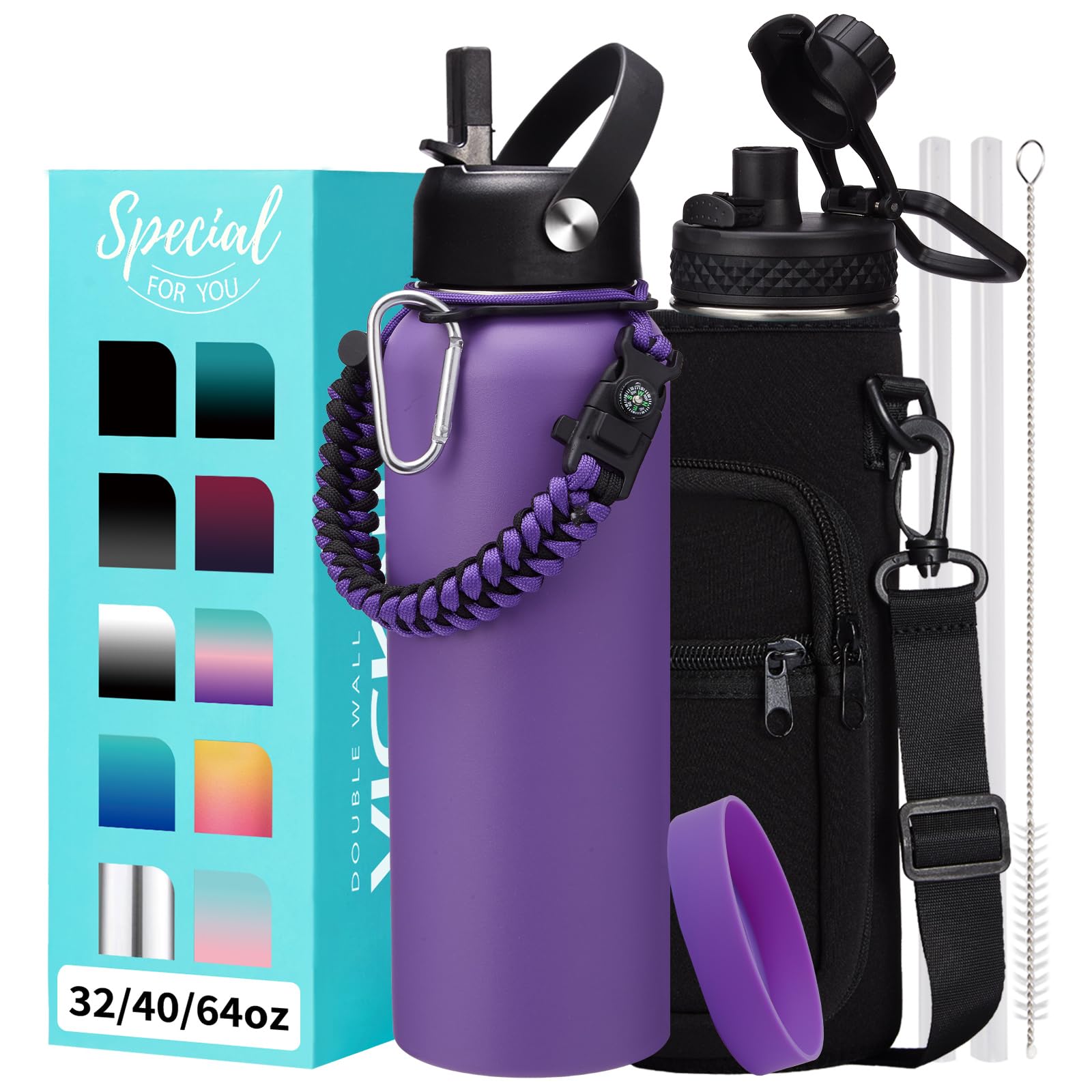Insulated Water Bottle with Straw - 40 oz Triple Walled Water Bottle with Strap Carrier Bag, Flip Top Lid, Paracord Handle, Prot