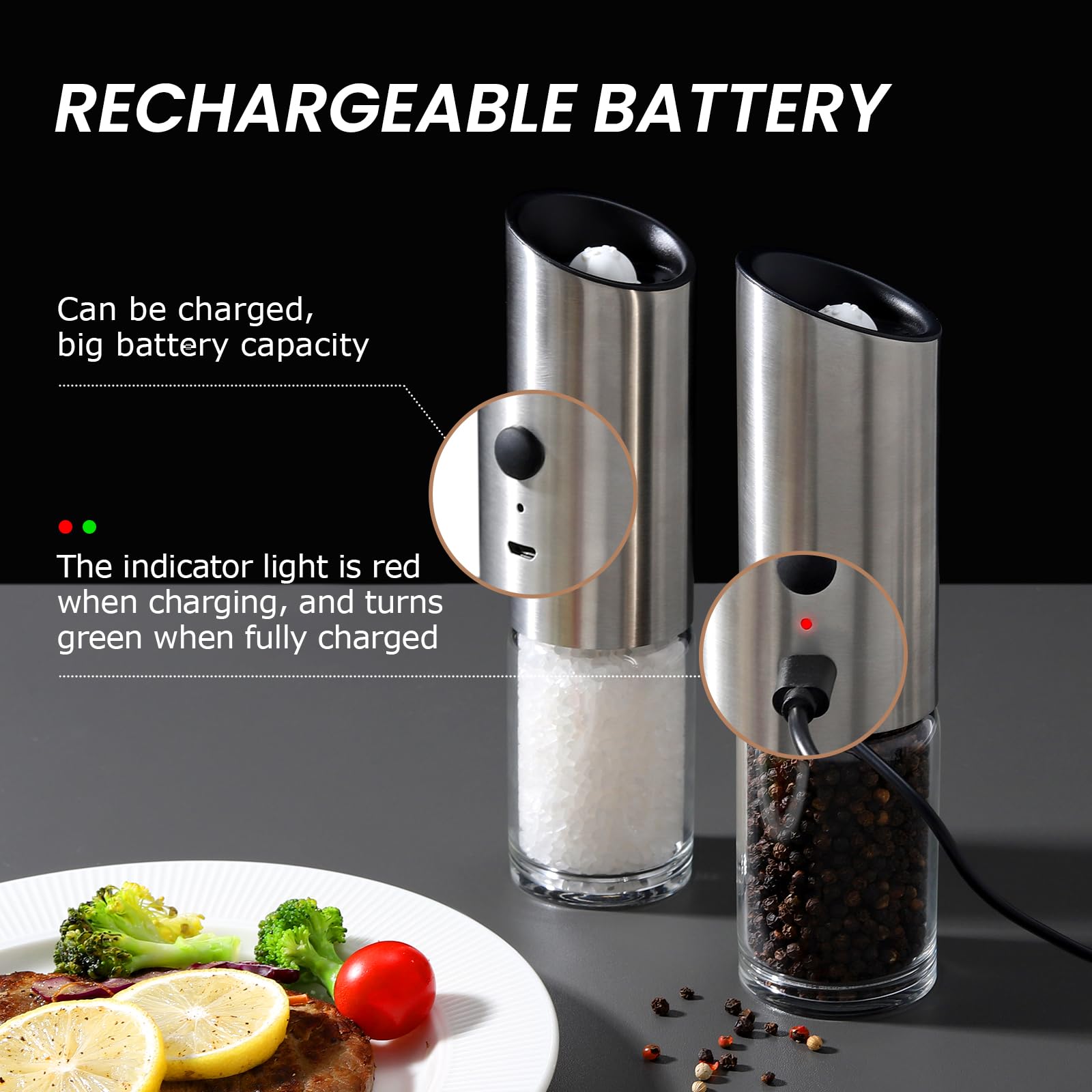 Vevok Chef Electric Salt And Pepper Grinder Set Rechargeable With Led Light Usb Automatic Gravity Stainless Steel Pepper Mill Sp