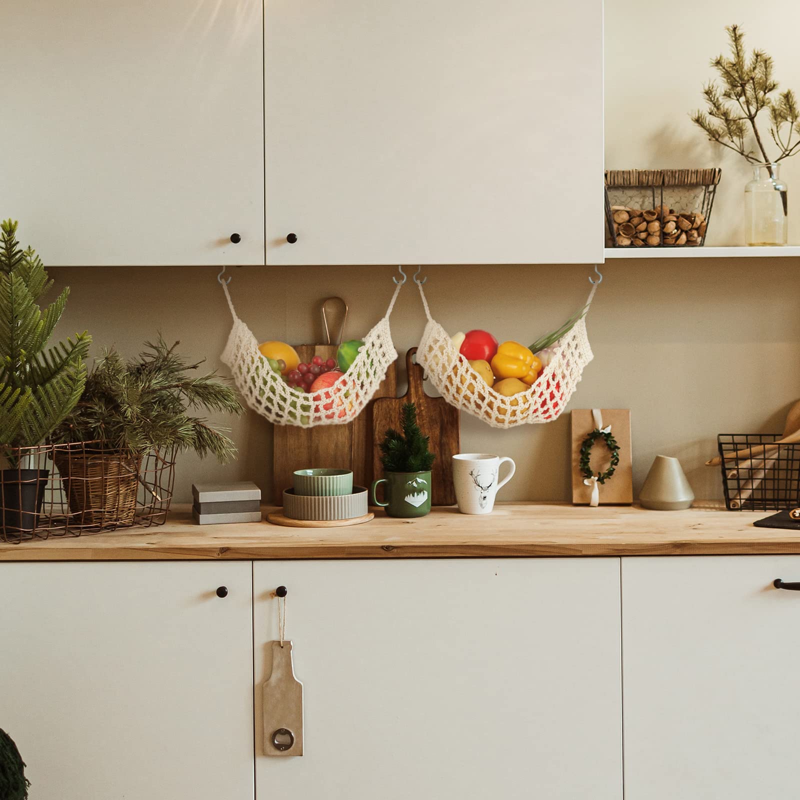 2 Pcs 11.8 X 20 Inch Macrame Fruit Hammock For Kitchen Under Cabinet Hanging Fruit Baskets Handwoven Cotton Veggie Decorative Fr