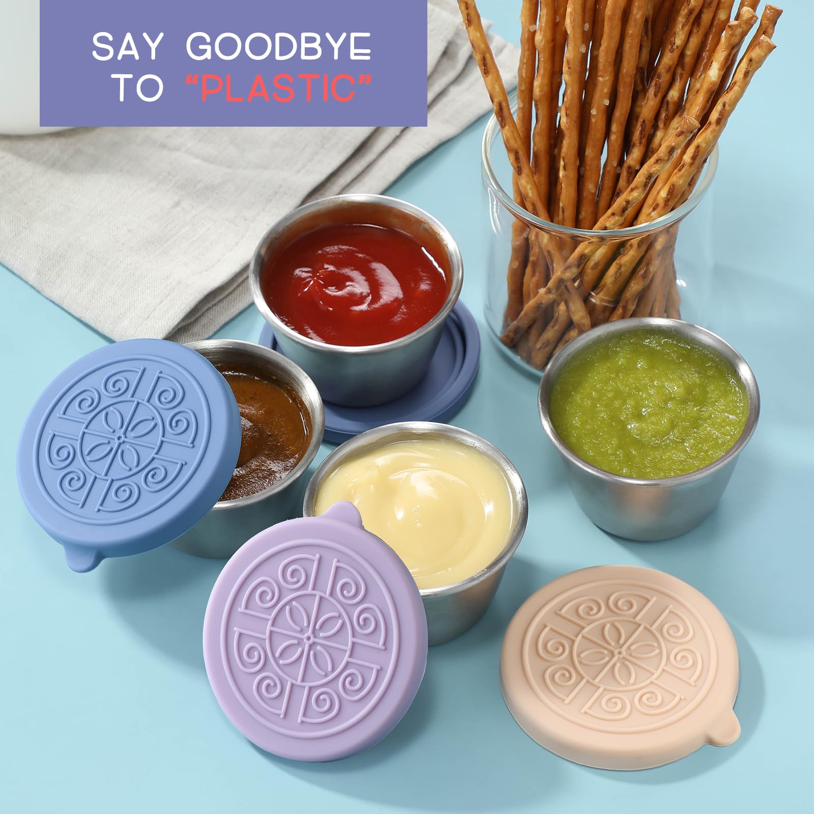 [6 Pack] Salad Dressing To Go Containers, 1.6 Oz Small Stainless Steel Sauce Cups With Leakproof Silicone Lids, For Lunch Boxes,