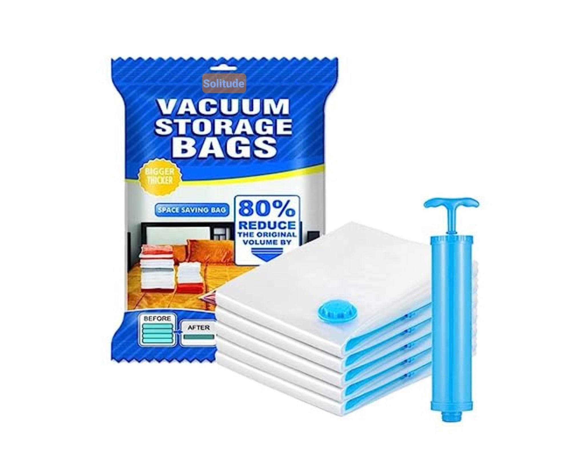 Solitude Reusable Vacuum Storage Bags (2S+2M+1L Bags, 1 Pump) For Clothes, Blankets And Bedding  SpaceSaving Solution With Han