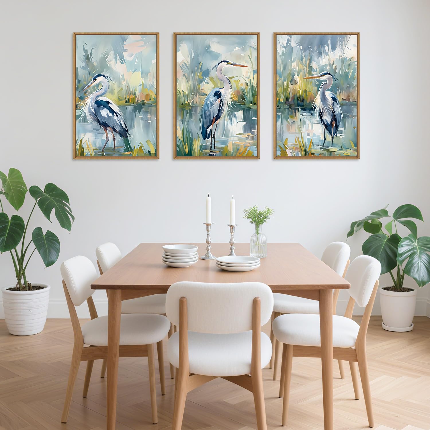 HLNIUC Great Blue Heron Wall Art Set of 3, Watercolor Coastal Bird Wall Decor(24x36), Wildlife Animal Illustrations Canvas Paint