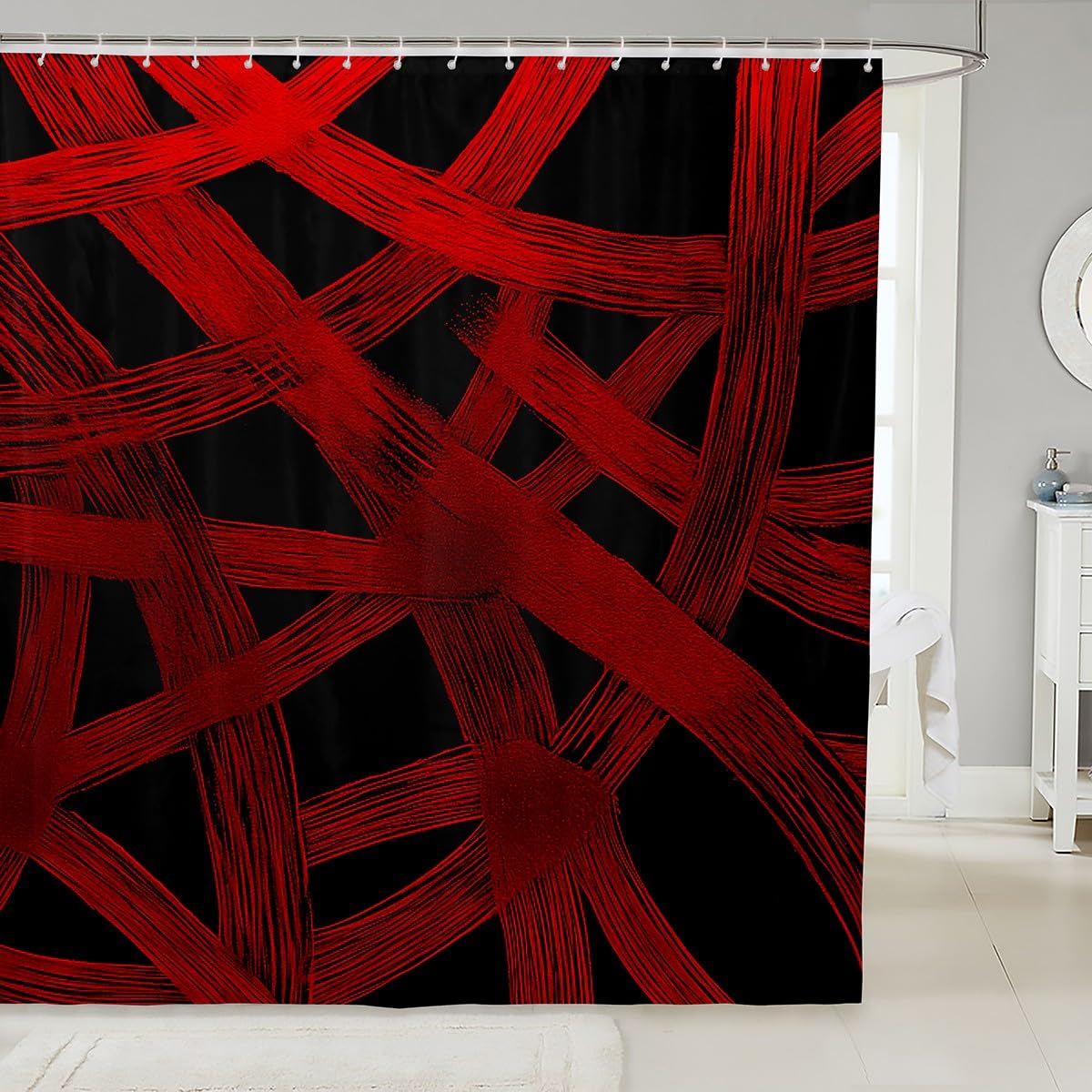jejeloiu Red Olive Black Shower Curtain for Bathroom Decor 72x78 Kids Abstract Geometric Bath Curtain for Boys Girls Teens Lines