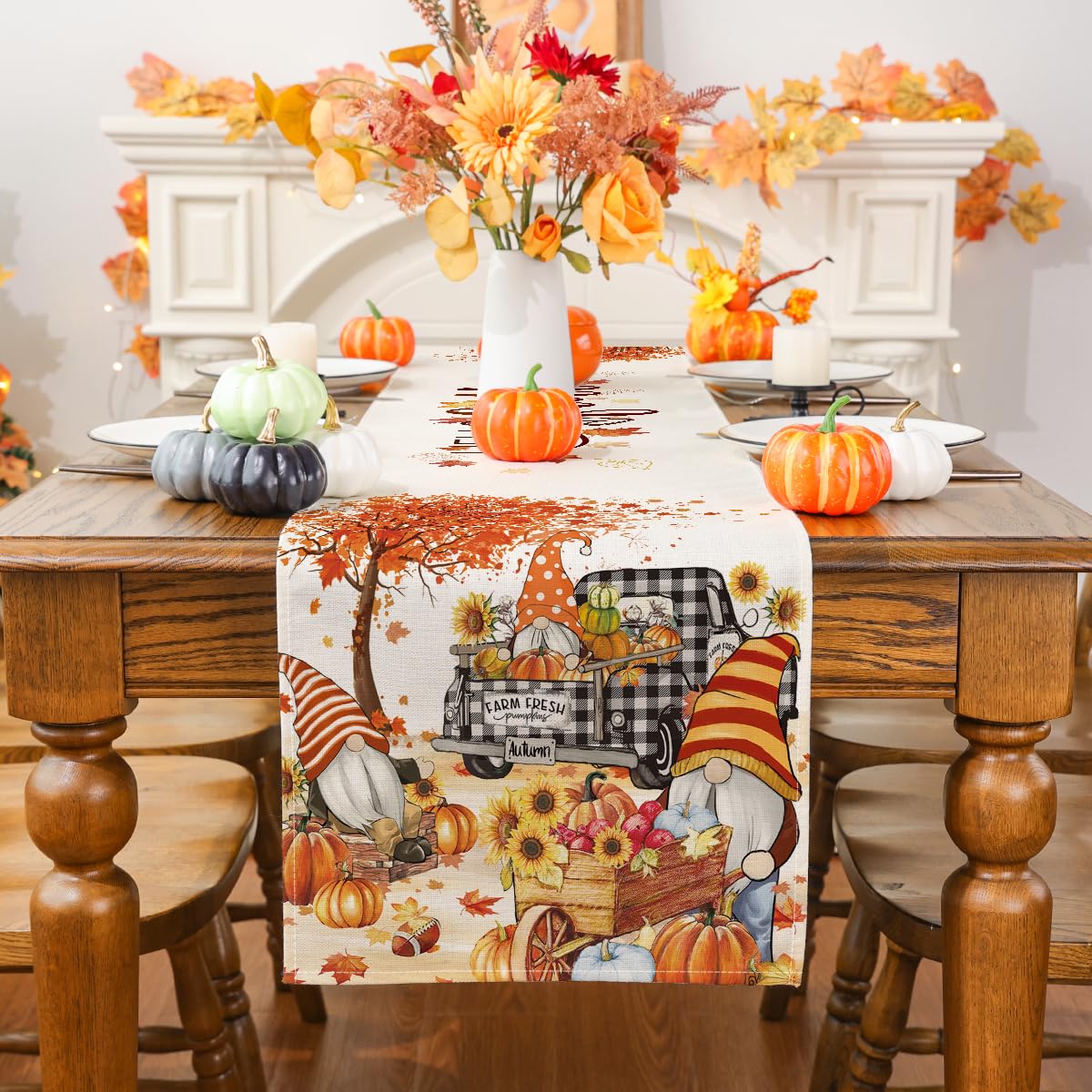 Siilues Fall Table Runner, Fall Decorations Buffalo Plaid Truck Fall Runner For Table Seasonal Leaves Fall Thanksgiving Holiday