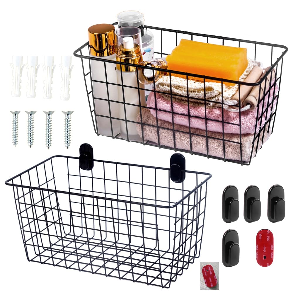 2 Pack?Extra Large?Hanging Kitchen Basket,Wire Storage Basket,with Traceless Tape and 3M HighStrength Plastic Hooks,no Drilling