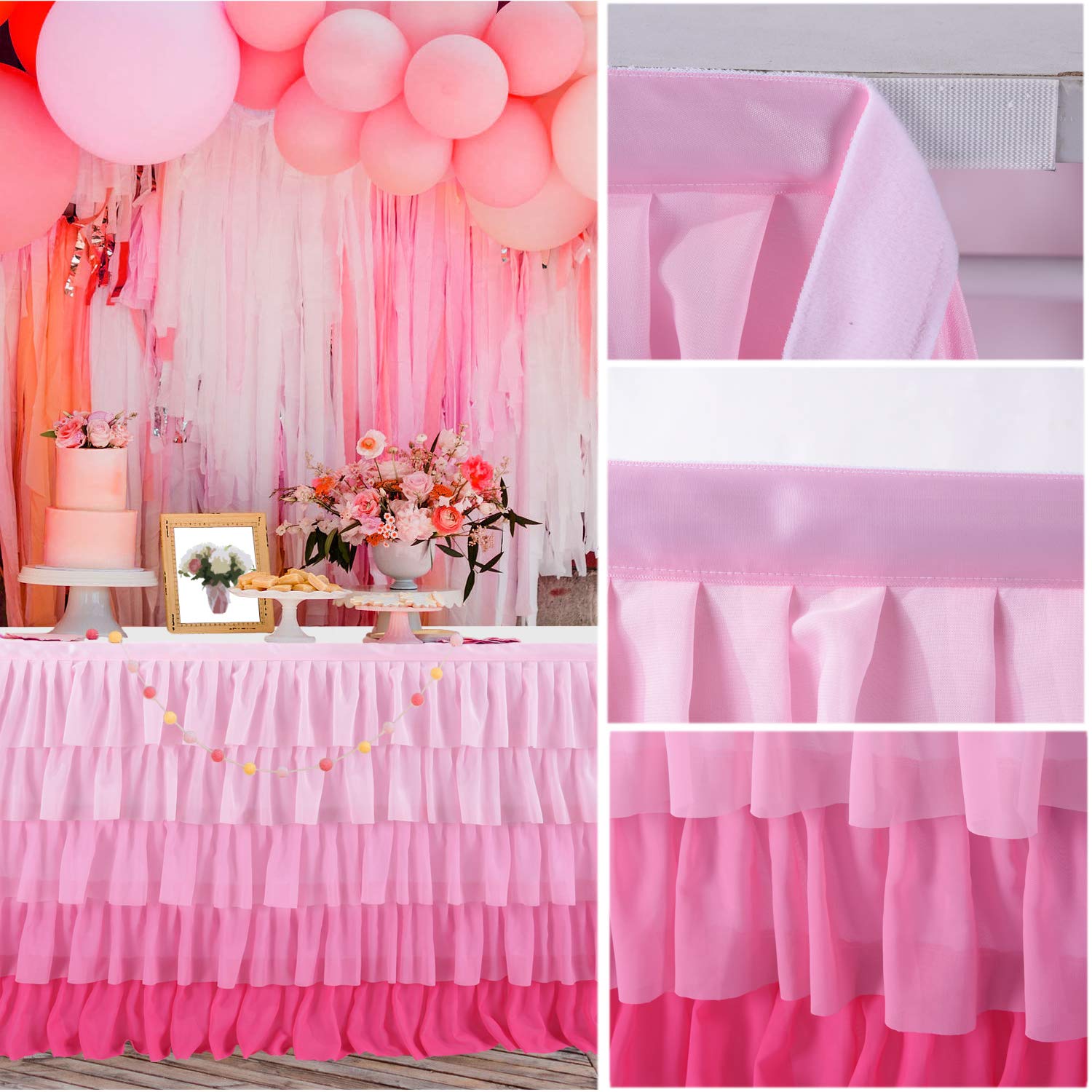 Besutolife Pink Table Skirt Tutu Ruffled Tablecloth For Rectangle Table 6Ft Baby Shower Birthday Party Unicorn Home Gradient Pin