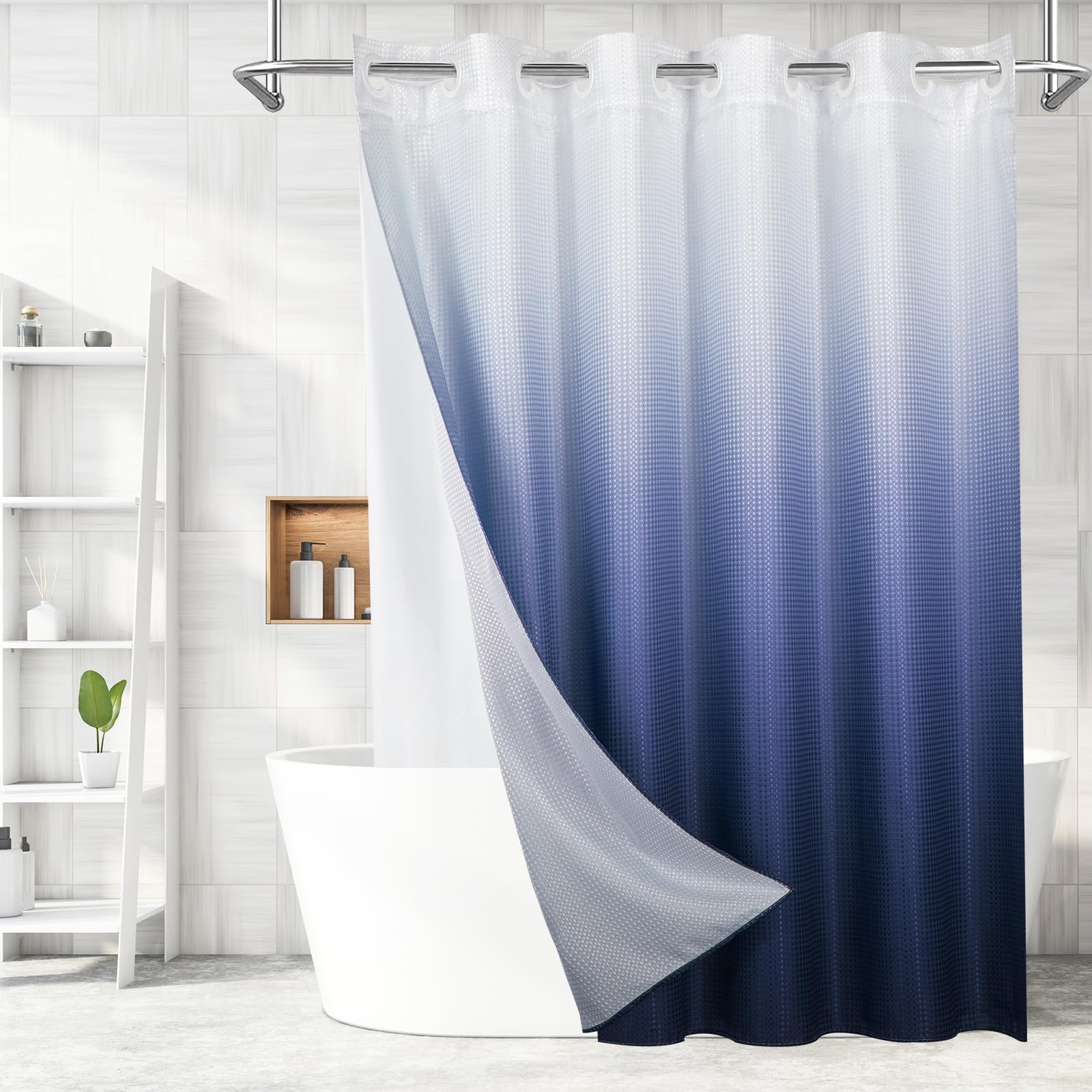 Mitovilla No Hooks Required Navy Blue Shower Curtain With Snap-In Liner, Modern Blue Ombre Waffle Weave Heavy Duty Fabric Shower