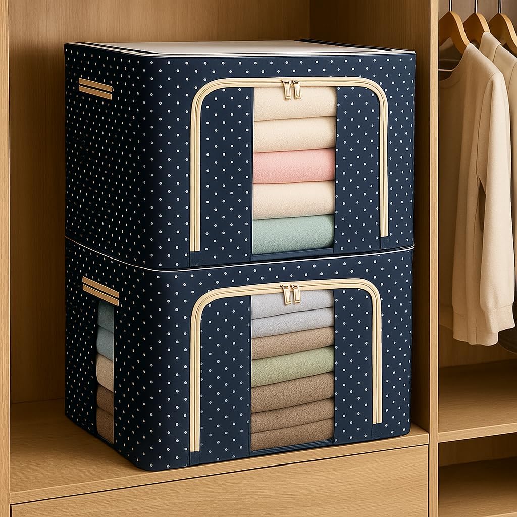 Hitexnetee 2 Pcs 66 Liters Foldable Steel Frame Cloth Organizer With Handle For Storage/Wardrobe Organizer With Zipper/Front & T