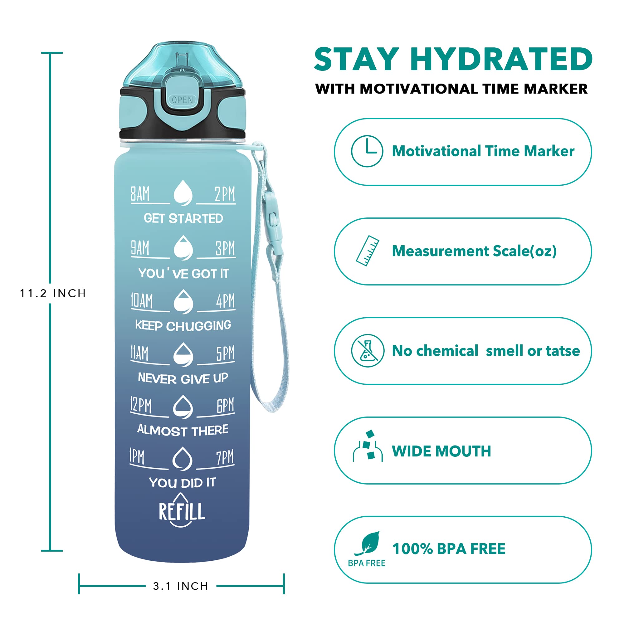 Enerbone 32 oz Water Bottle with Times to Drink and Straw  Motivational Drinking Water Bottles with Carrying Strap  Leakproof BPA & Toxic Free  Ensure You Drink Enough Water for Fitness Gym Outdoor