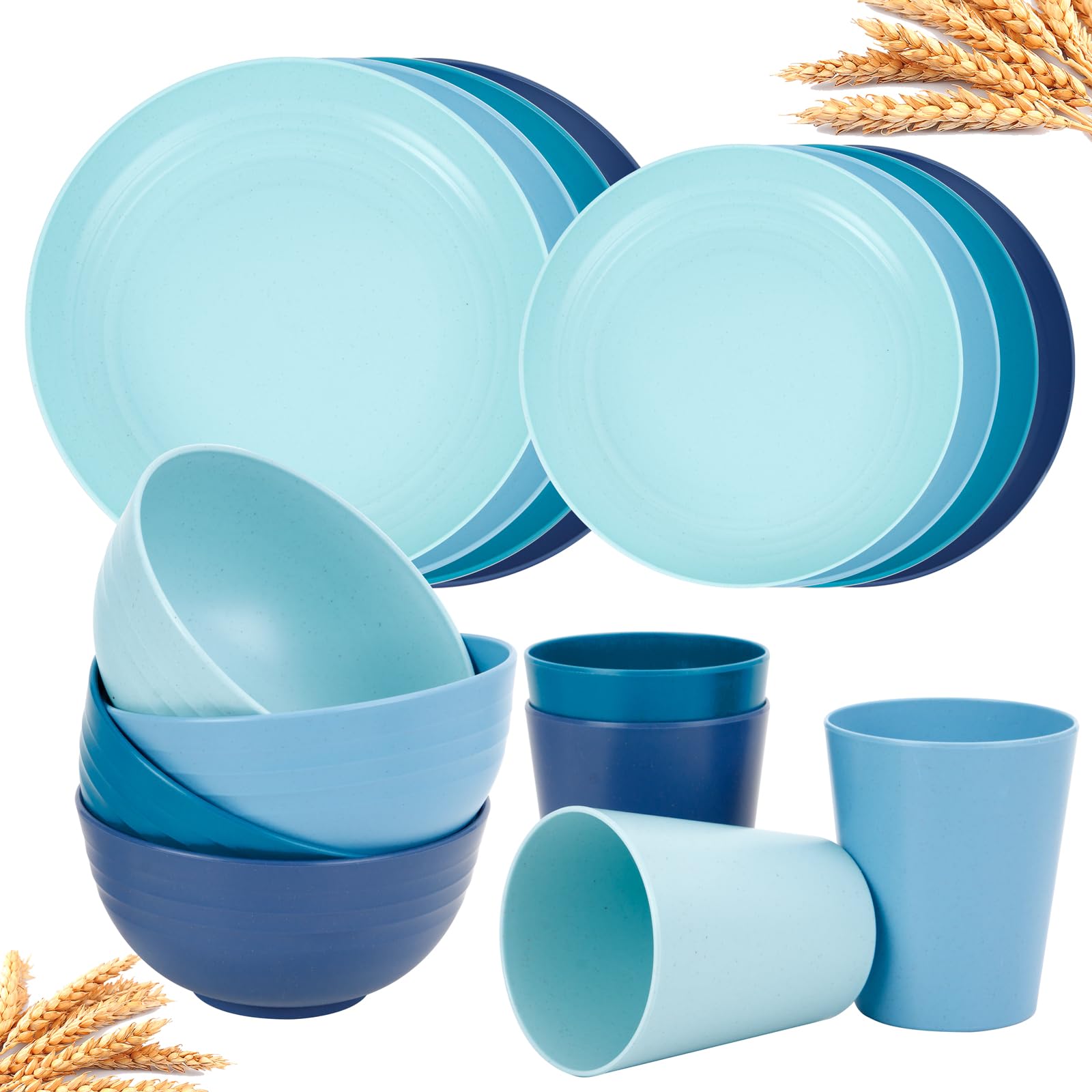 Rubtlamp 16pcs Wheat Straw Dinnerware Set, Unbreakable Plates And Bowls Sets of 4, Plastic Plates Set Reusable (Light Deep Four 
