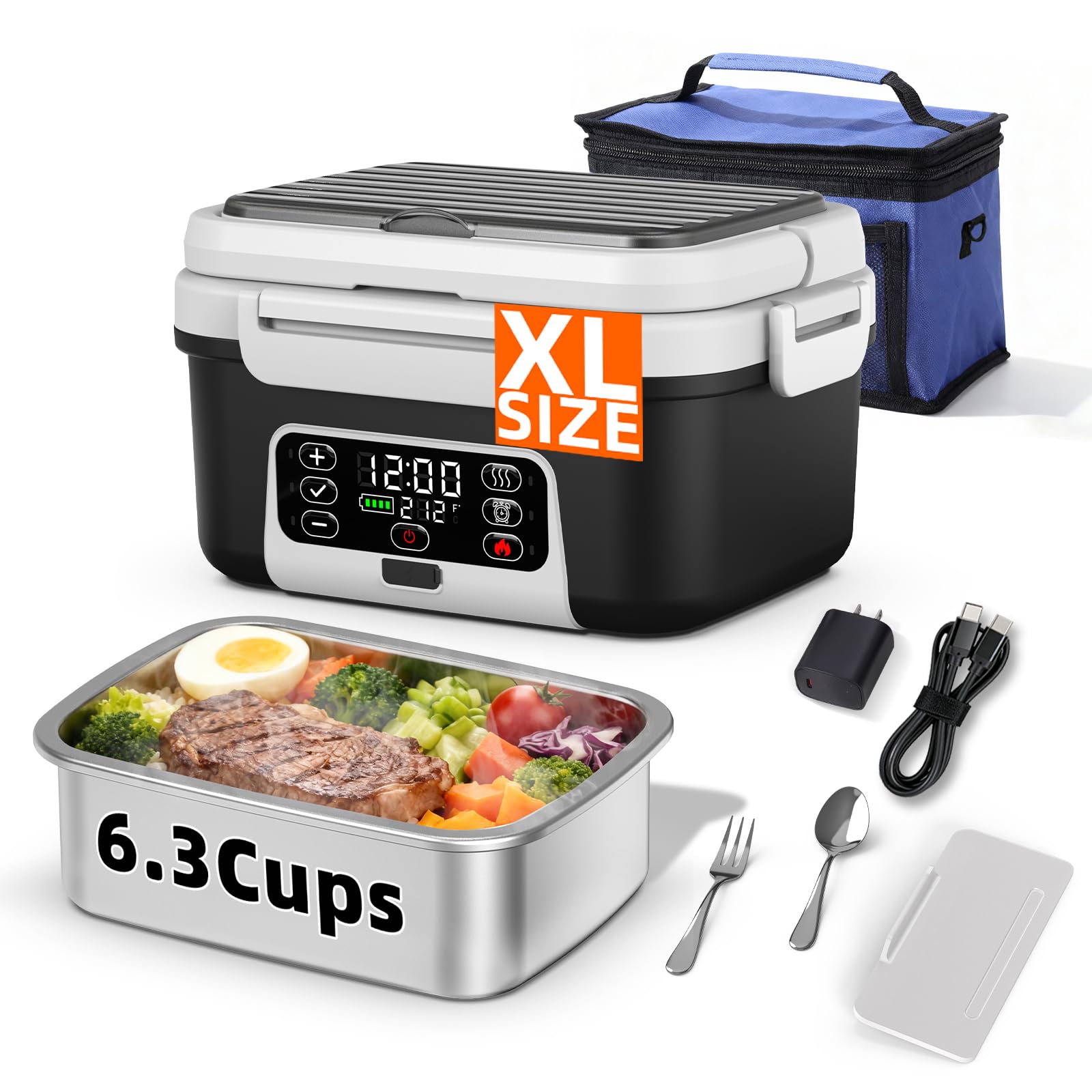 XL 6.3-Cups Cordless Electric Heated Lunch Box for Adults, 20000mAh Rechargeable Battery Powered Smart Self Heating Lunchbox for