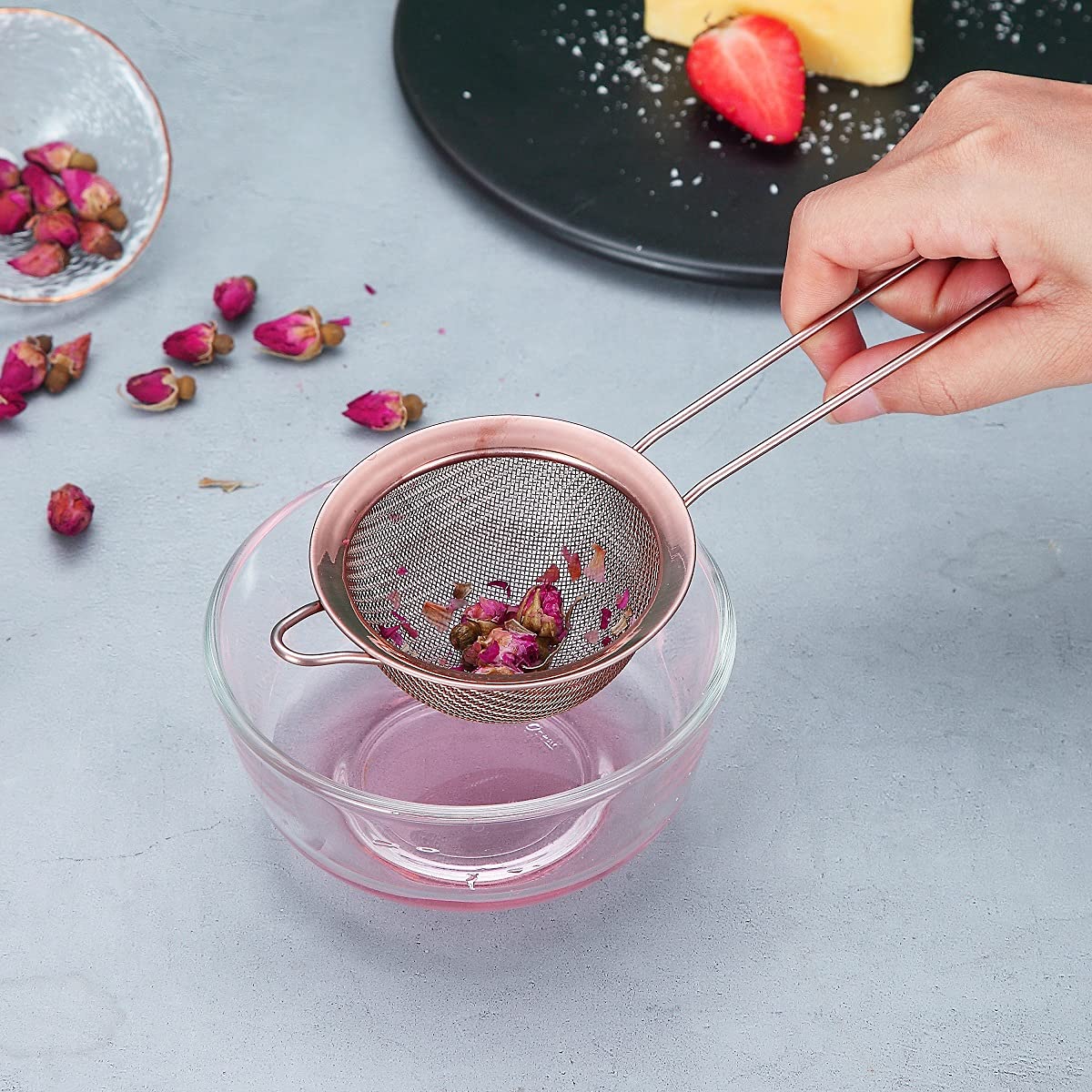 Copper Fine Mesh Strainer 3 Pieces Set, Rose Gold Flour Sifter For Baking, Stainless Steel Clander, Copper Matcha Tea Strainer,