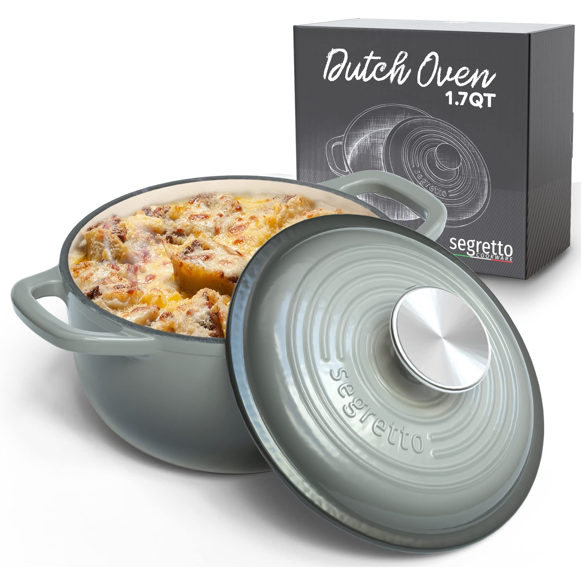 Segretto Cookware Enameled Cast Iron Dutch Oven Pot With Lid Grigio Scuro (Gradient Gray) 1.7 Quarts Dutch Oven Cast Iron With H