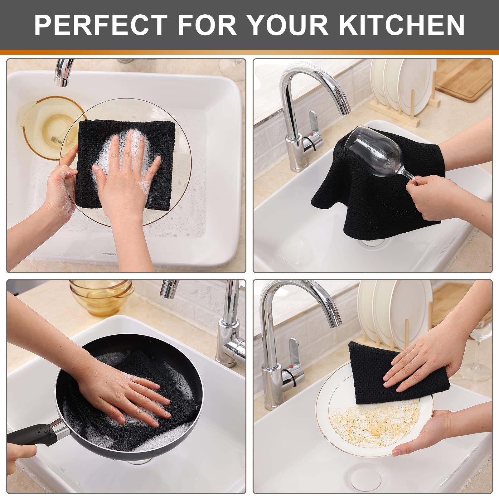 Kitinjoy 100% Cotton Kitchen Dish Cloths  8 Pack Waffle Weave Ultra Soft Absorbent Dish Towels for Drying Dishes Quick Drying Kitchen Towels Dish Rags  12 X 12Inch  Black