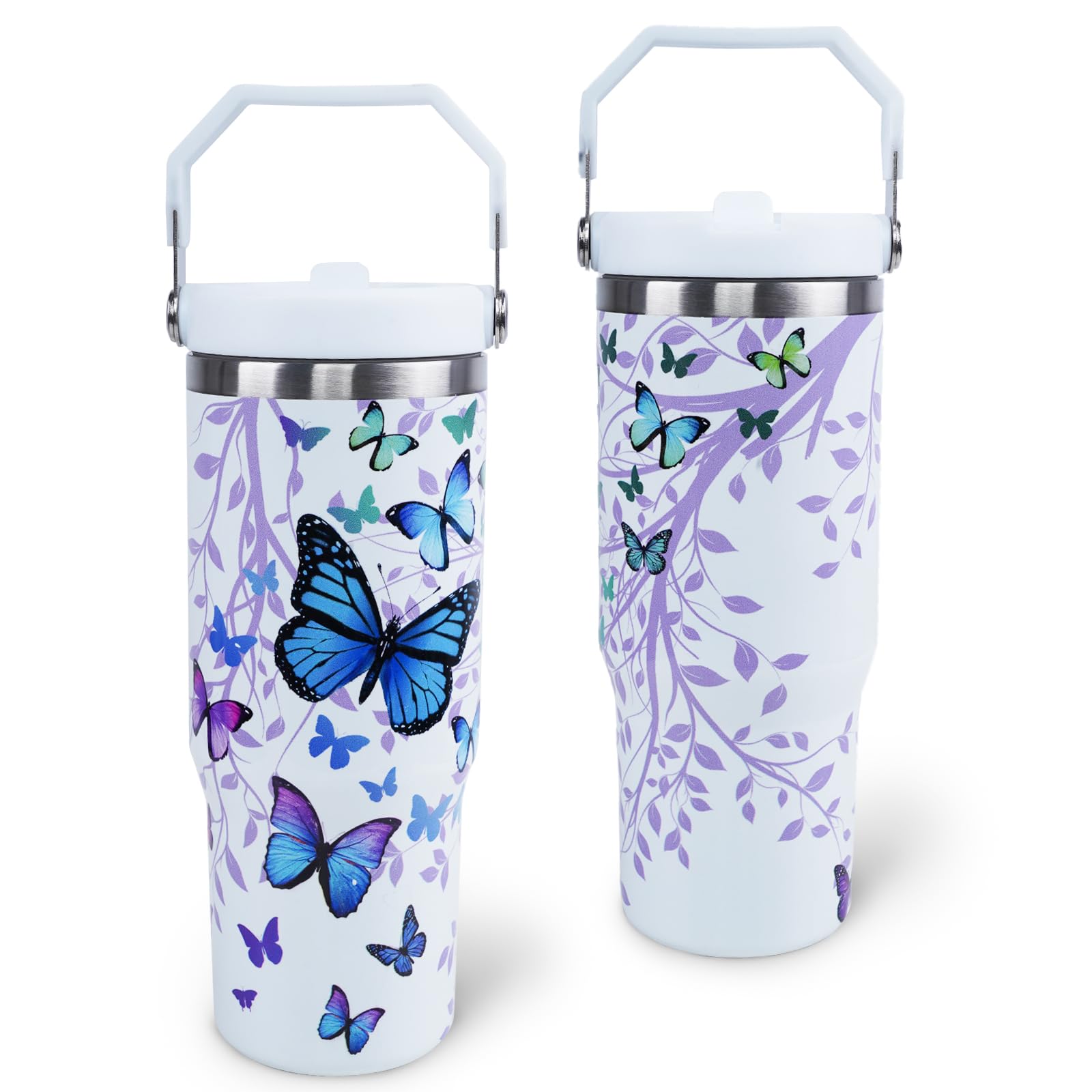 Butterfly 30 OZ Tumbler with Handle Flip Straw Lid Leak Proof