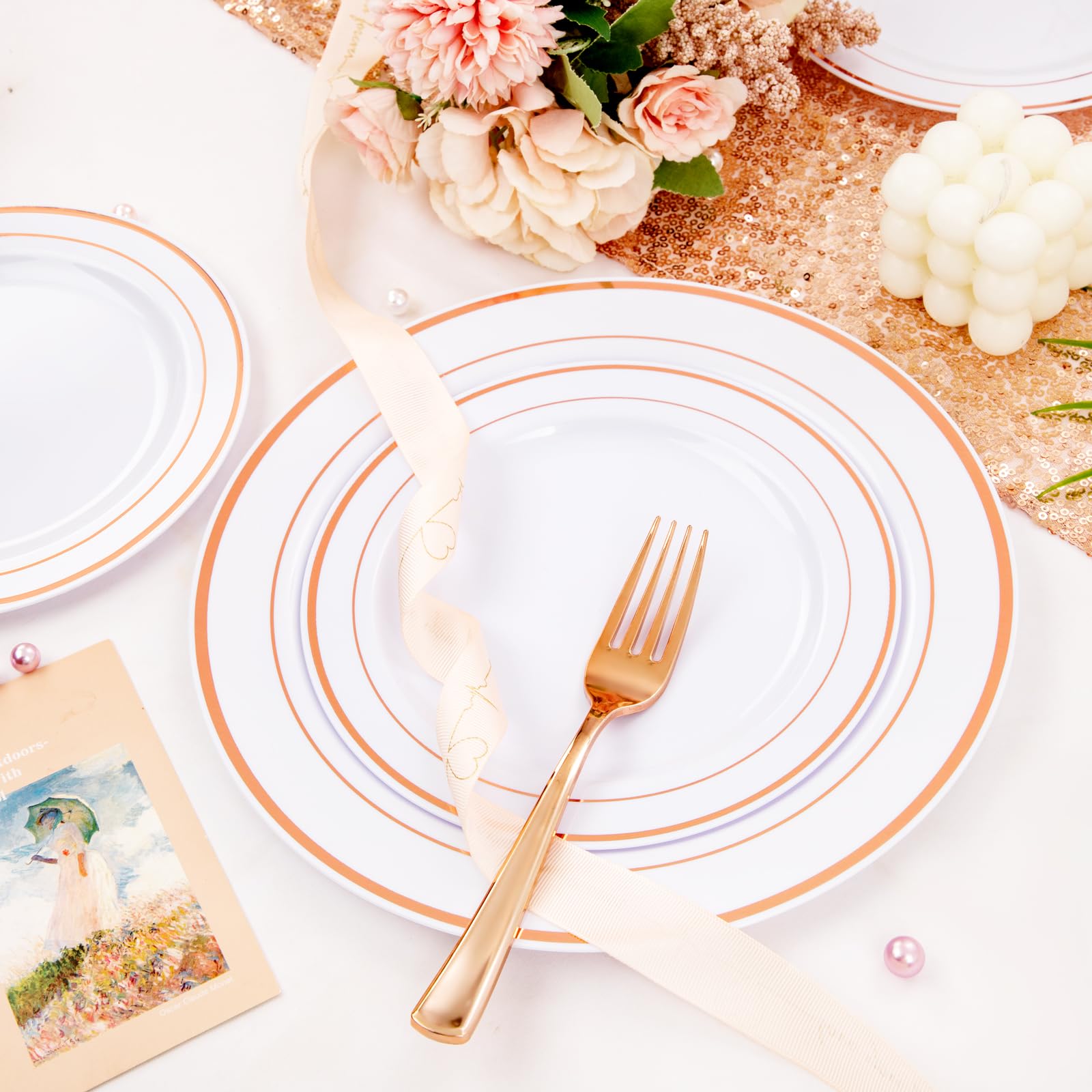 Flowercat 60Pcs Rose Gold Plastic Plates - Heavy Duty Rose Gold Plates Disposable For Wedding/Party/Valentine'S Day- Include 30P