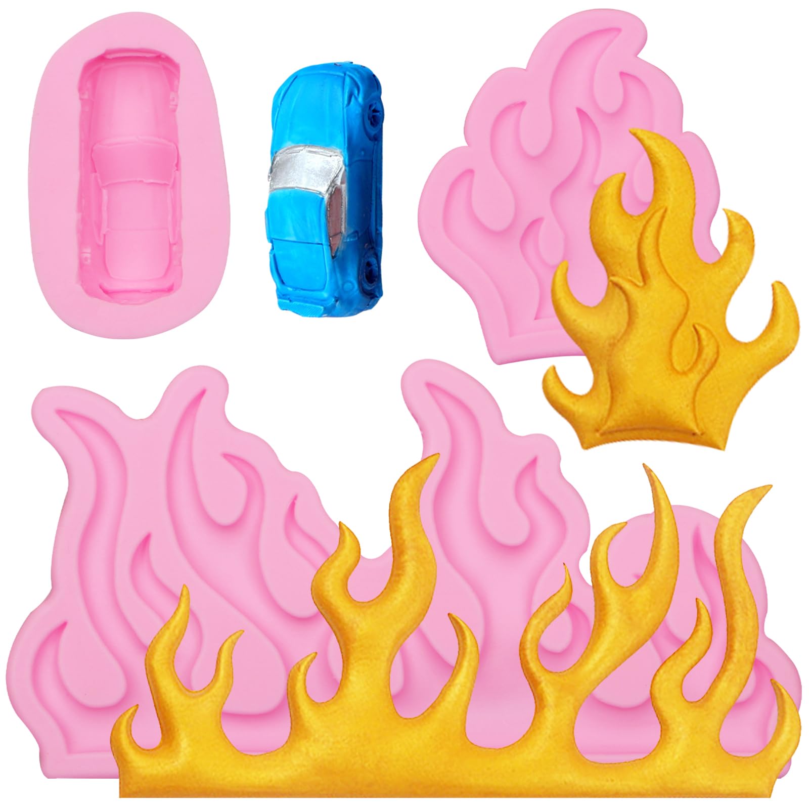 Race Car Silicone Molds 3 Pcs, Flame Fondant Molds For Fire Chocolate Cake Decoration Candy Sugar Cupcake Topper Cake Pop Popsic