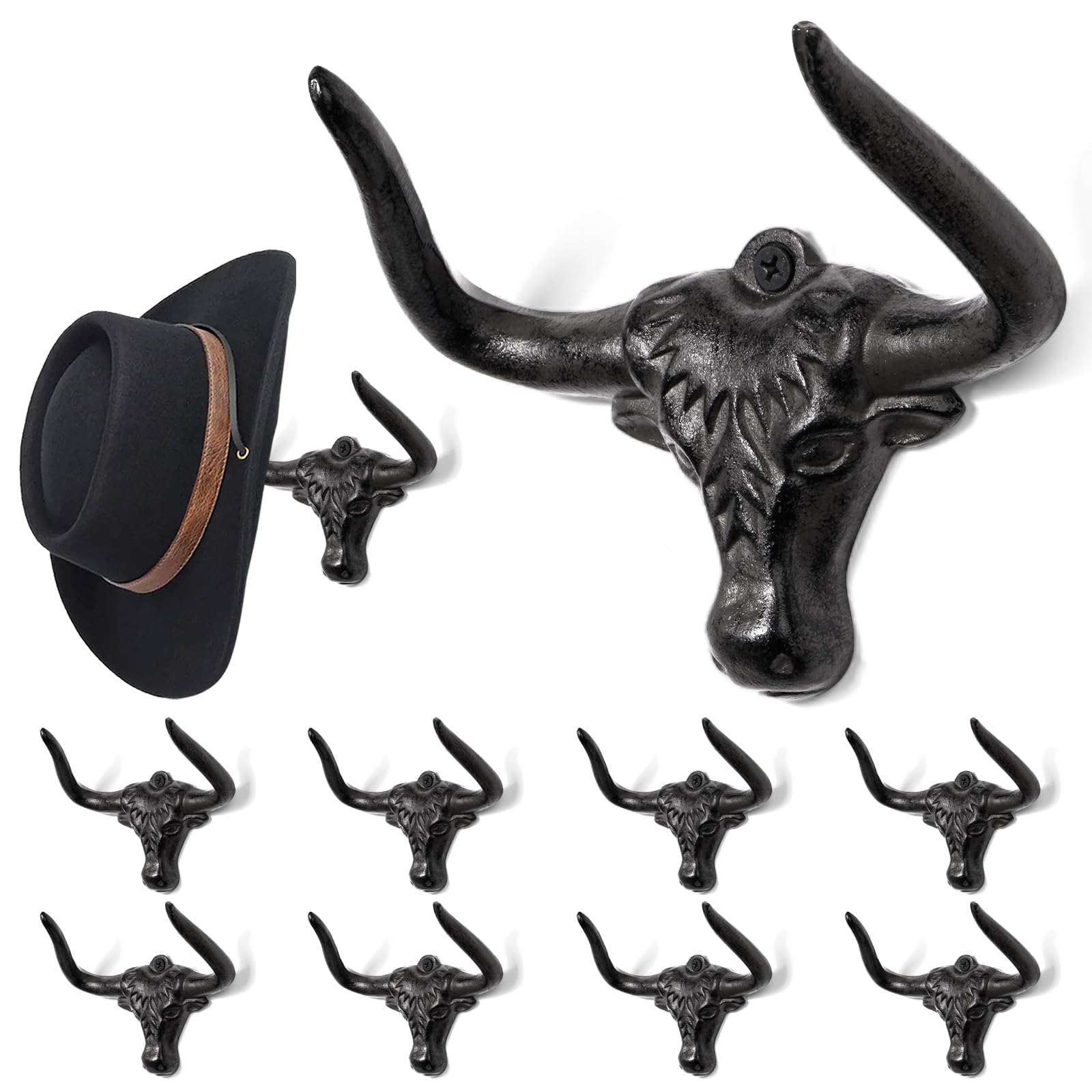 Filano Cowboy Hat Rack For Wall 8 Pack Western Longhorn Cowboy Hat Holder Cast Iron Vintage Rustic Cowboy Hat Hanger Hat Hooks F