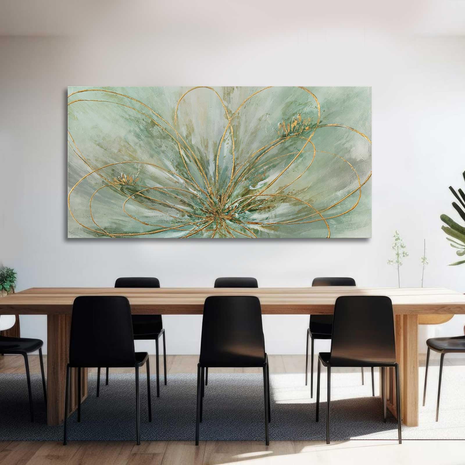 Yjyart Abstract Wall Art Green And Gold Hand Painted Oil Painting Blossom Botanical Large Picture For Living Room Bedroom Kitche