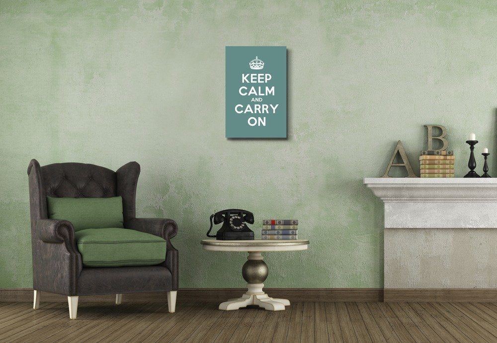 Wall26 Canvas Wall Art Gallery Wrap Canvas Prints - Keep Calm And Carry On | Stretched Cyan Canvas Home Art Ready To Hang - 32''