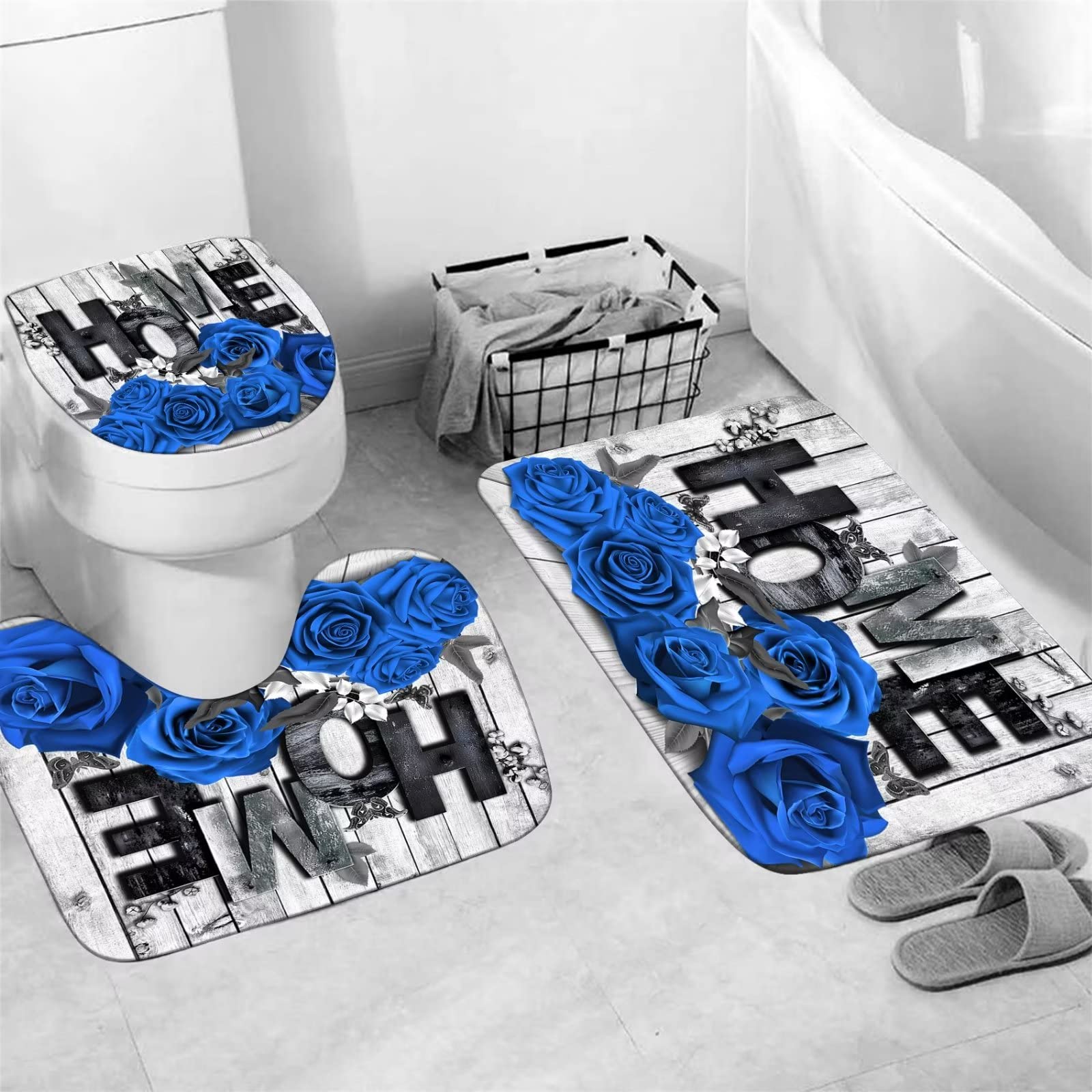 Yddsky Blue Rose 4 Pcs Shower Curtain Sets Non-Slip Rugs Bath Mat Toilet Cover U Shaped Mat Black Blue Shower Curtain With 12 Ho