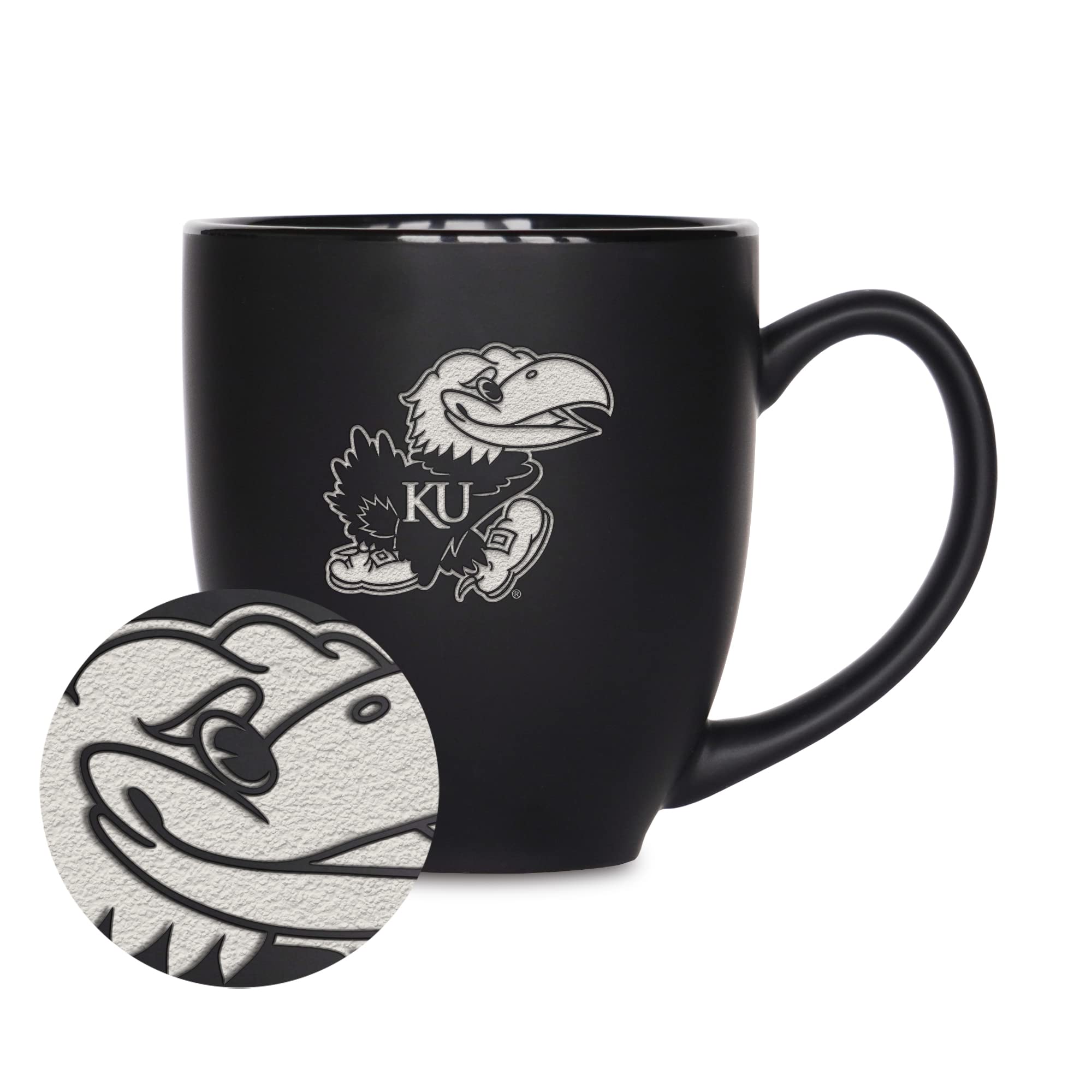 Rico Industries NCAA Kansas Jayhawks Main 15oz Laser Engraved Matte Black Ceramic Bistro Mug - For Hot or Cold Drinks