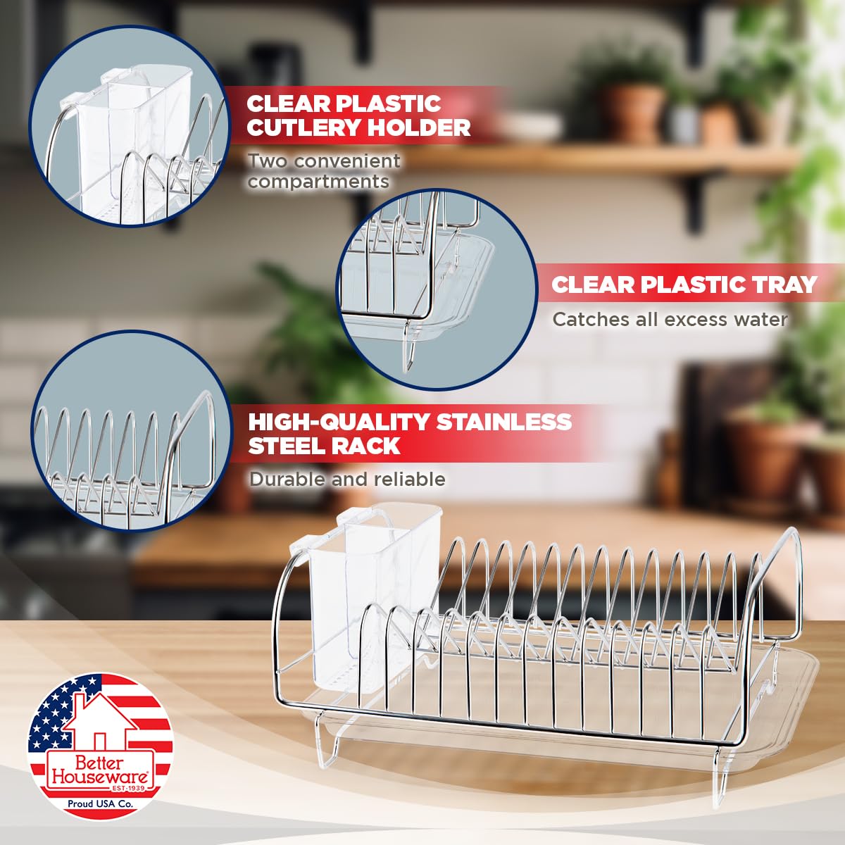 Better Houseware Stainless Steel Dish Drainer With Clear Plastic Tray And Cutlery Holder, Compact Space-Saving - Holds Up To 12