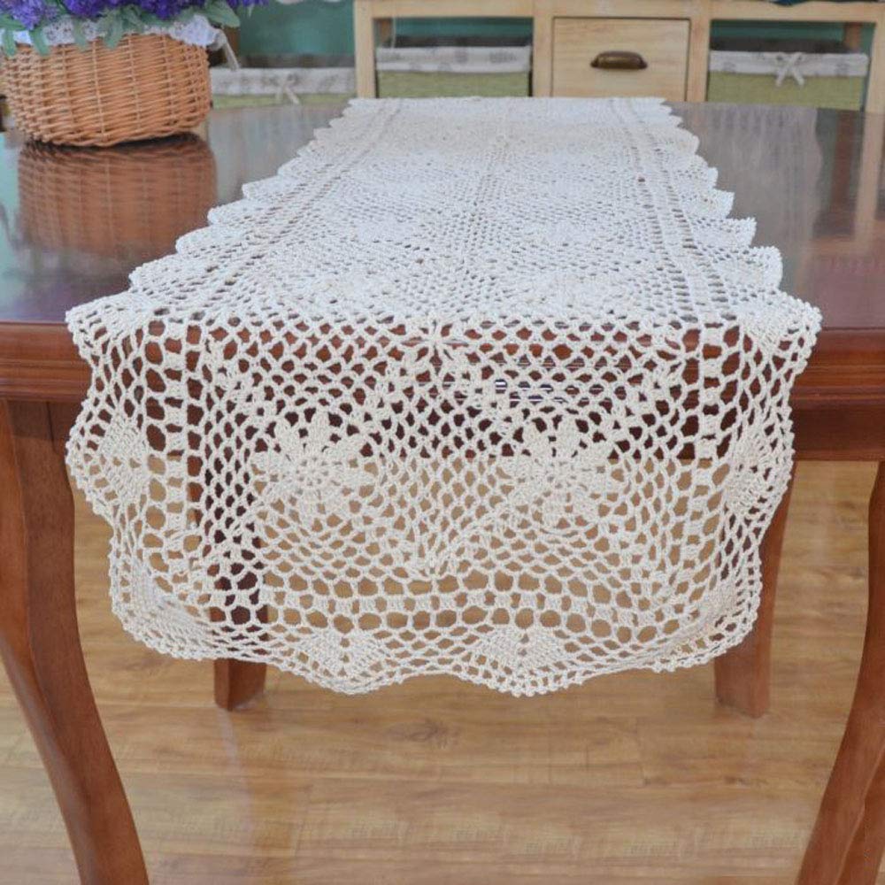 Kepswet 14X72 Inch White Cotton Crochet Lace Rectangular Table Runner Handmade Table Decoration