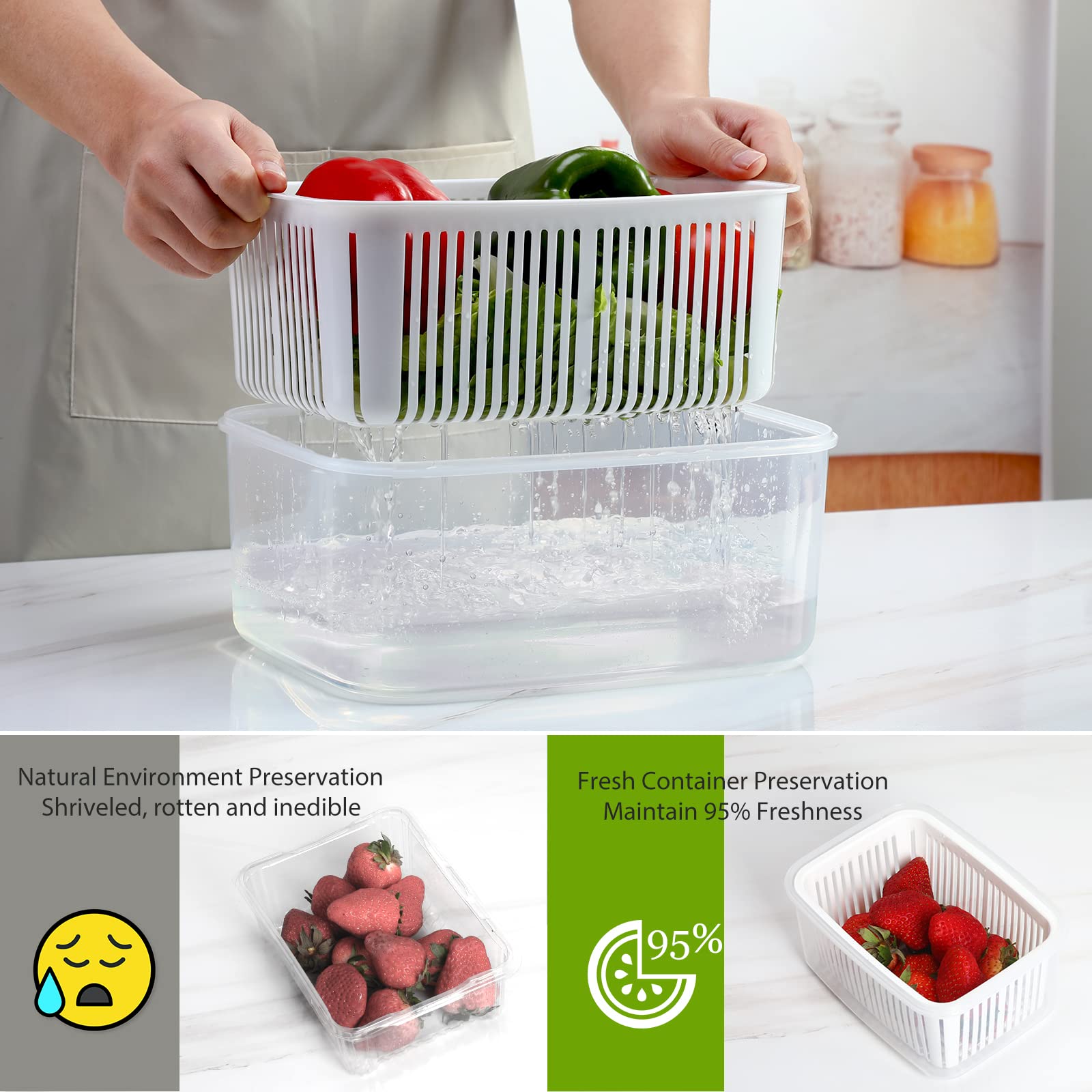 LUXEAR Fruit Vegetable Produce Storage Saver Containers with Lid & Colander 5 Packs BPA-Free Plastic Fresh Keeper Set | Refrigerator Fridge Organizer | for Salad Berry Lettuce Food Meat Fish Celery