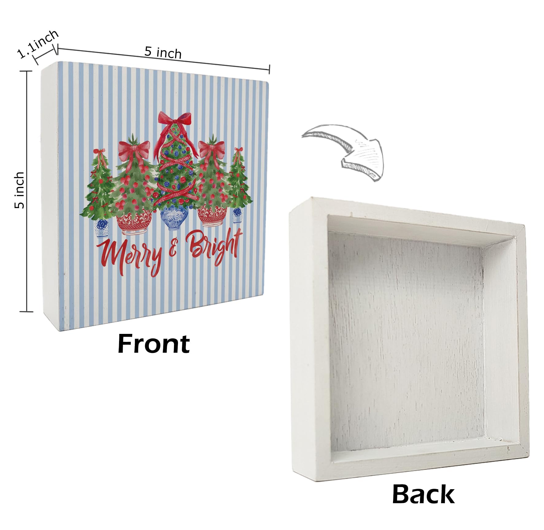 kunlisa Chinoiserie Christmas Tree Wooden Sign, Grandmillennial Christmas Decor, Coquette Red Bow Porcelain Xmas Tree Wood Box S